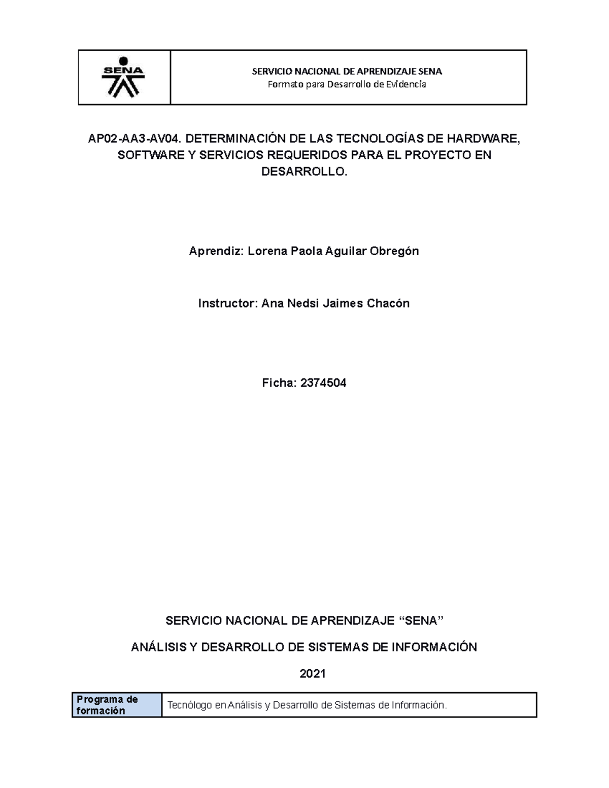Determinacion Tecnologias Hardware y Software ADSI - Formato para ...