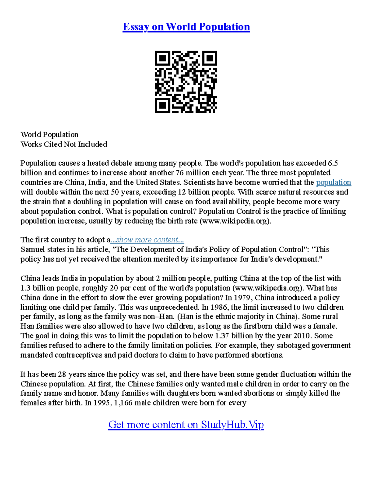 World Population Essay - Essay on World Population World Population ...