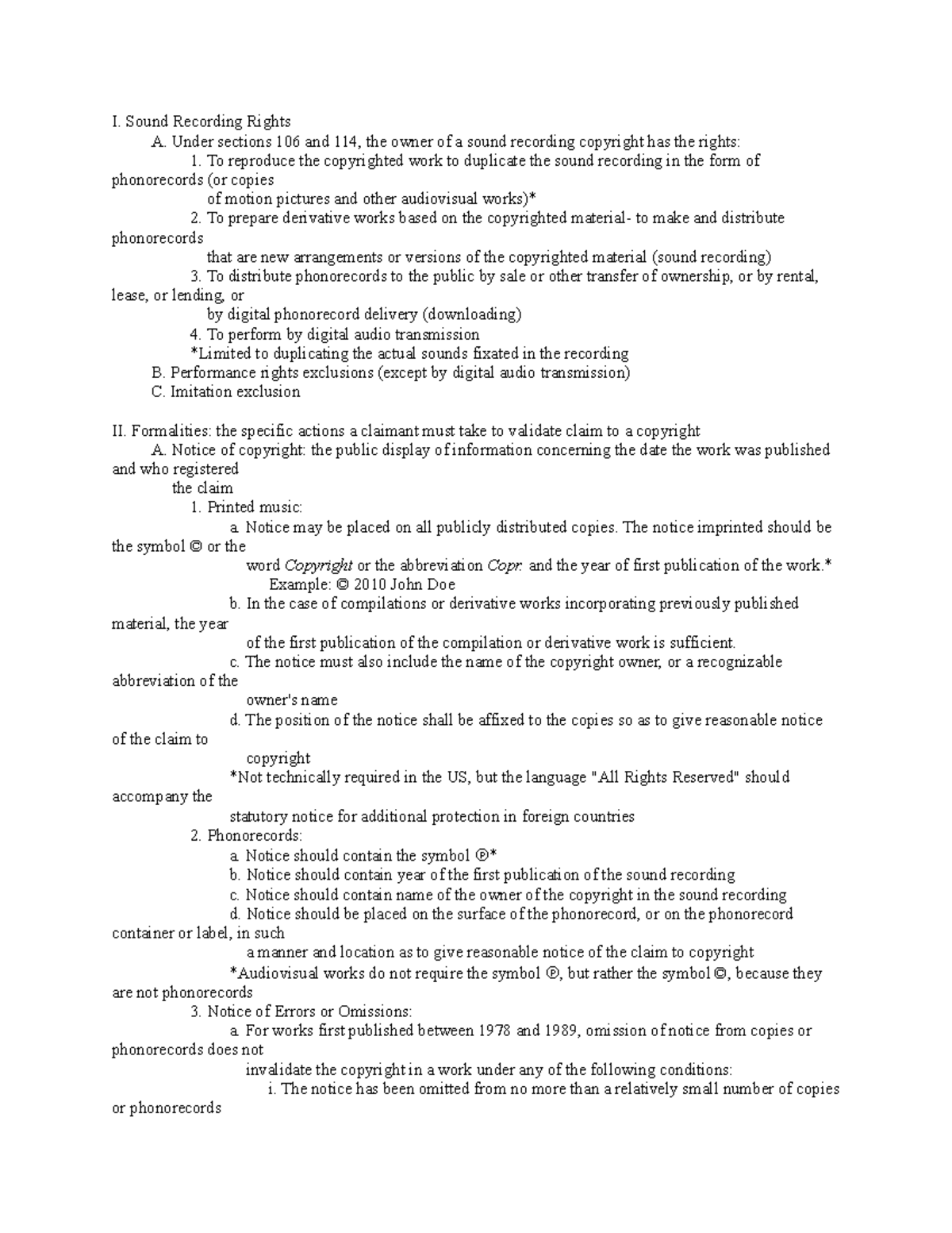 Book Notes Copyright I. Sound Recording Rights A. Under sections