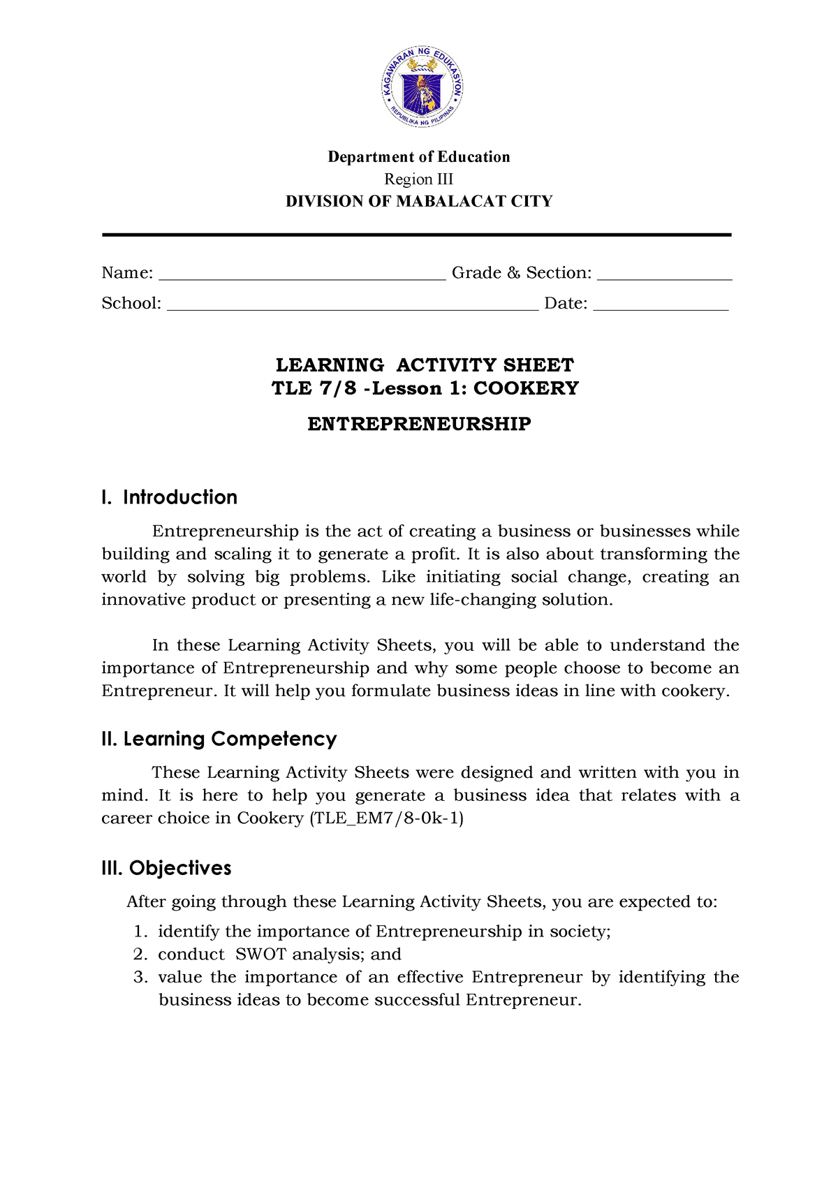 TLE7 8 Cookery Wk1 Entrepreneurship-1 Evaluated - Department Of ...