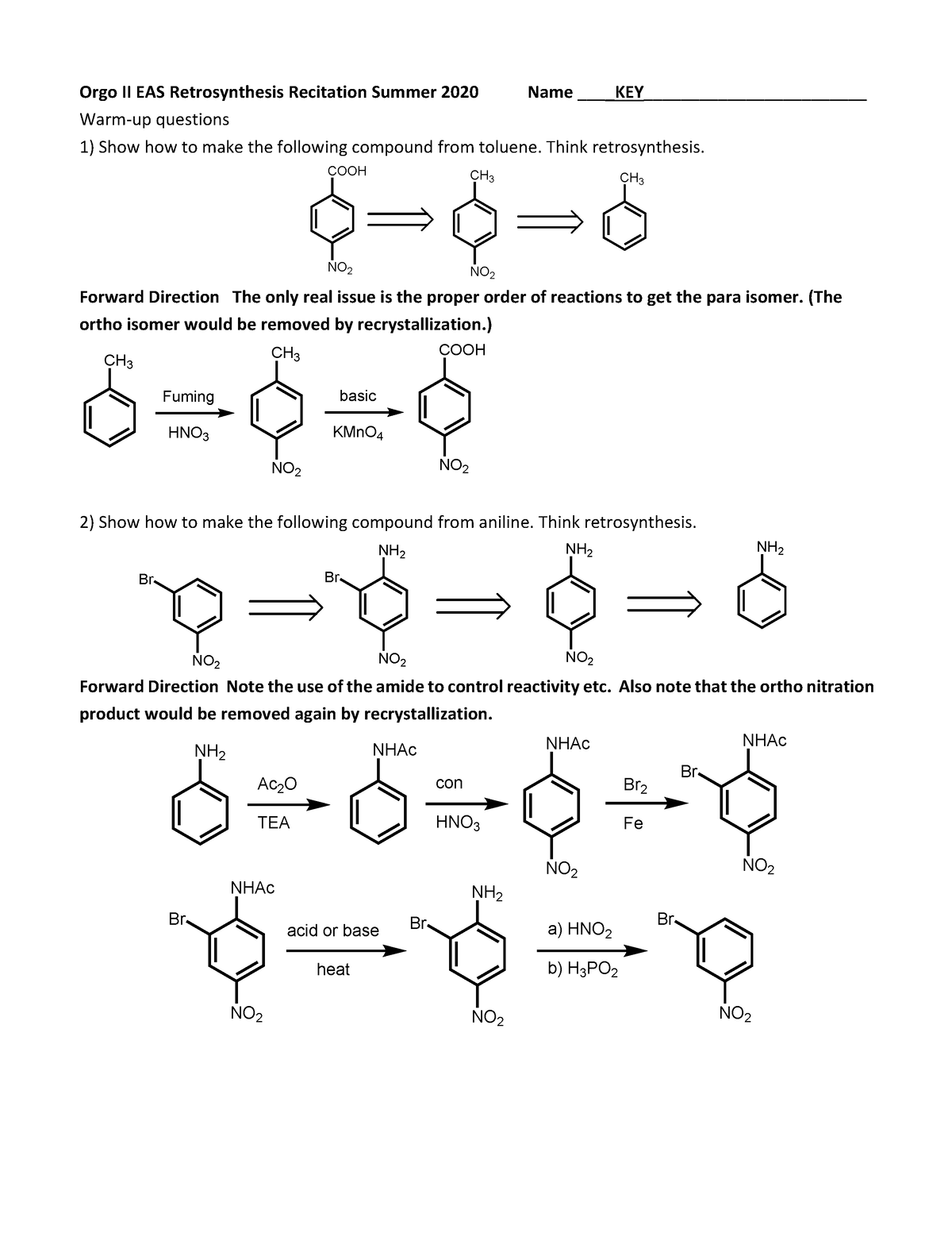 CHEM 224 Rec 9 EAS Retrosyn Su22 KEY - Orgo II EAS Retrosynthesis ...