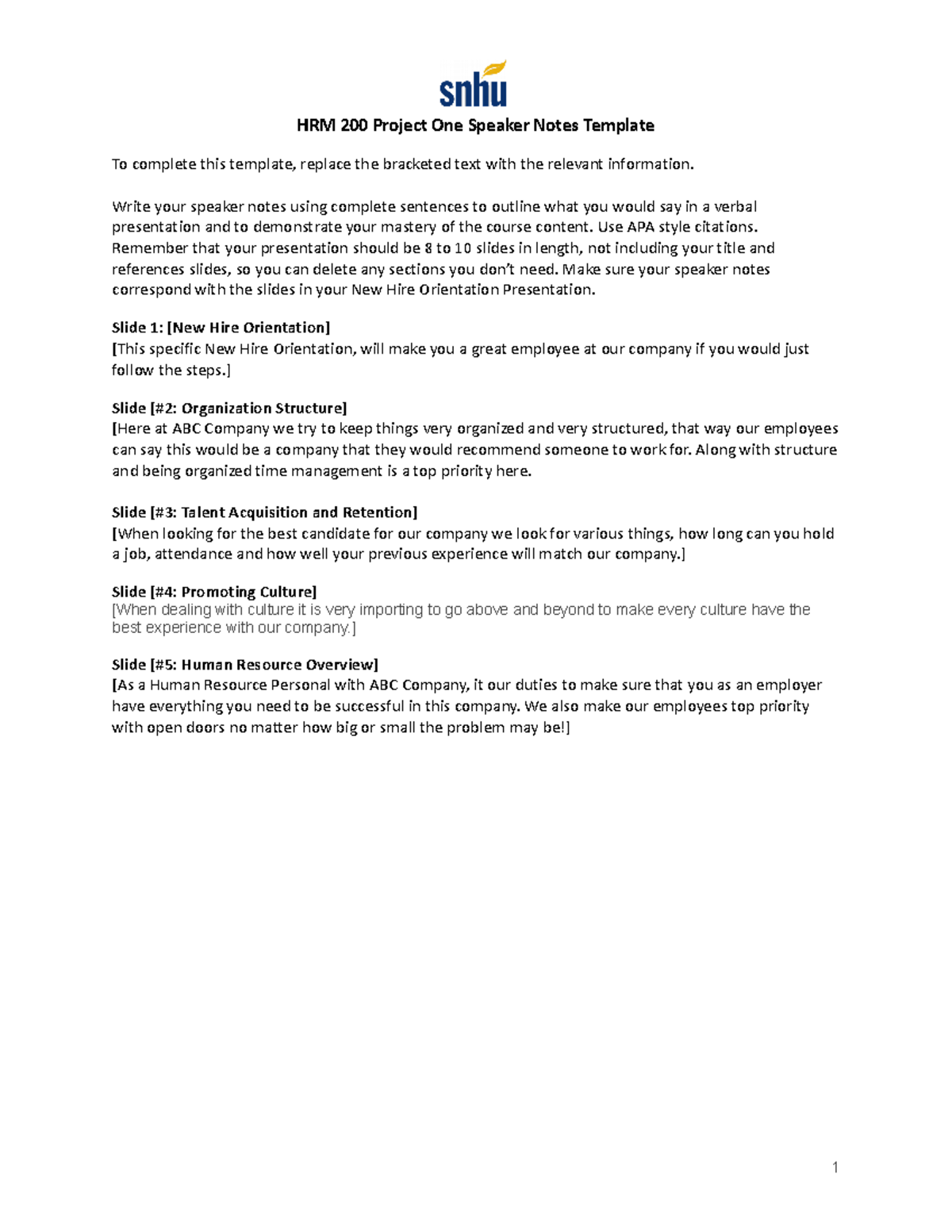 HRM 200 Project One Speaker Notes Template - Write your speaker notes ...