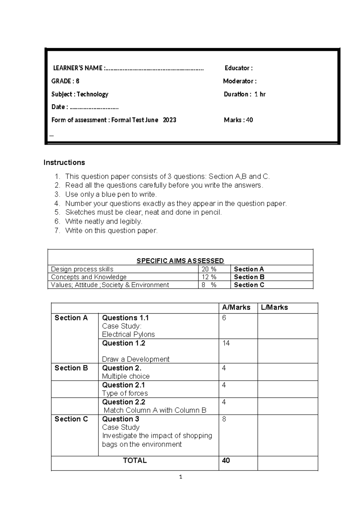 2023 june grade 8 technology final - LEARNER’S NAME - Studocu