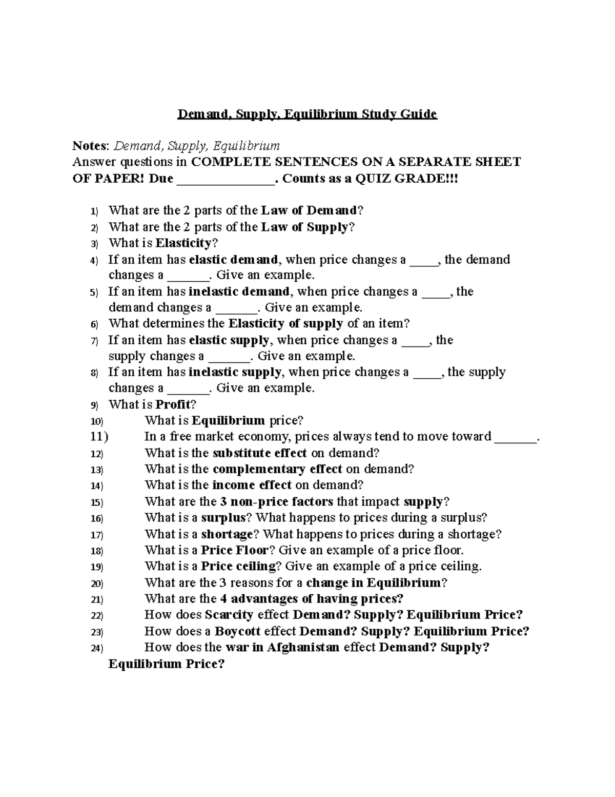 Demand Supply Equilibrium Study Guide Answers