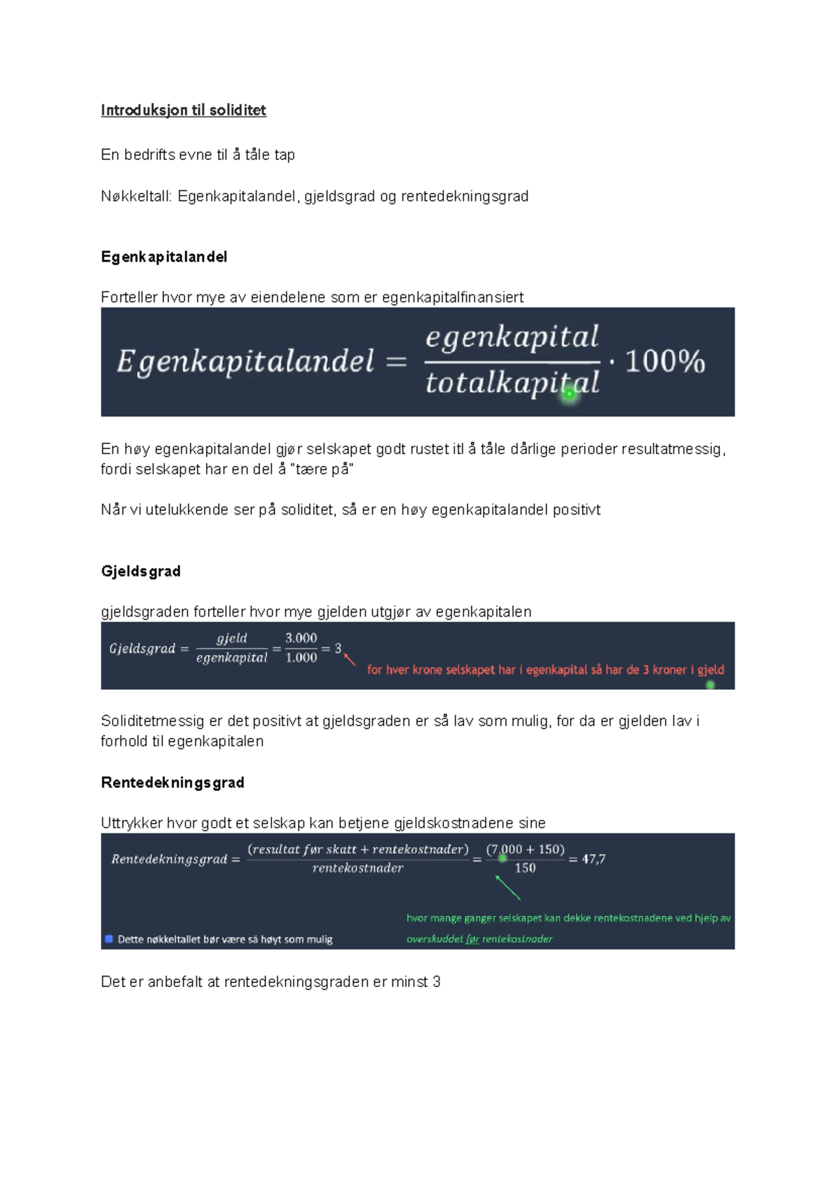 Soliditet Notater Regnskapsanalyse - Introduksjon Til Soliditet En ...