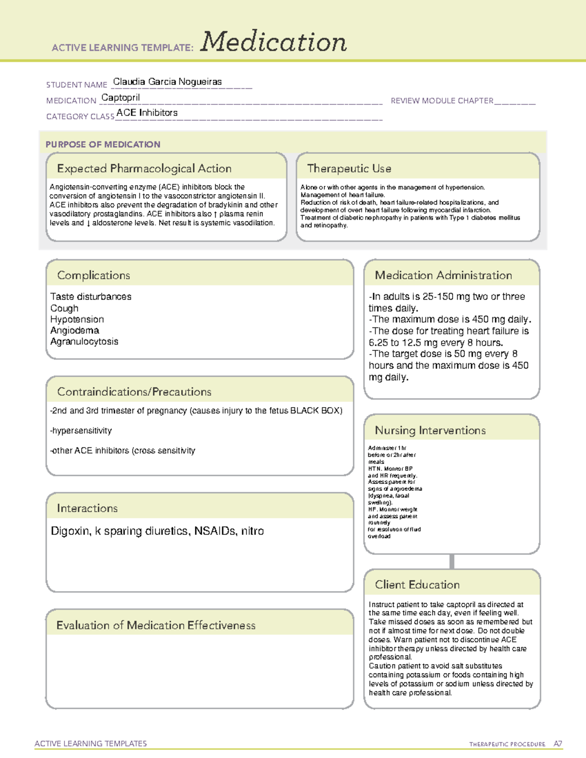 ACE Inhibitors Medication Templates Cardiac Meds ACTIVE LEARNING 