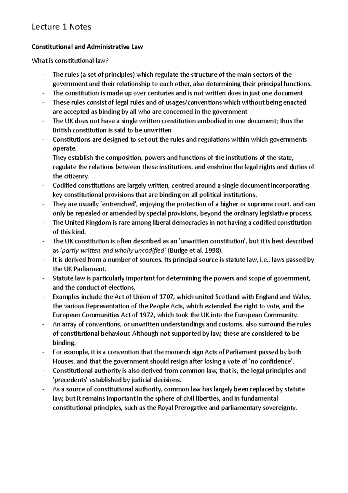 Lecture 1 Notes - Lecture 1 Notes Constitutional and Administrative Law ...