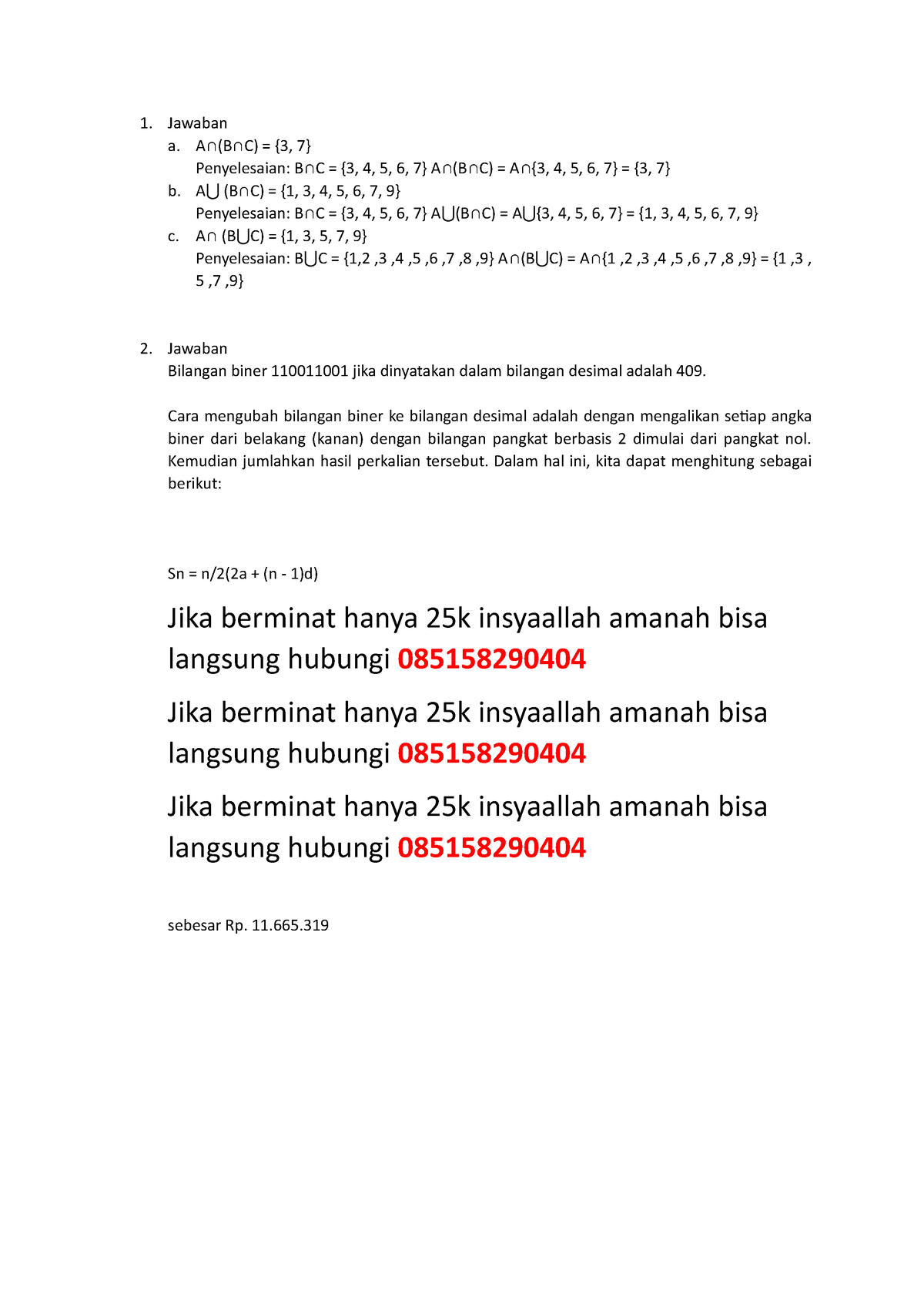 Matematika Ekonomi Tutorial - Jawaban A. A ∩(B ∩C) = {3, 7 ...