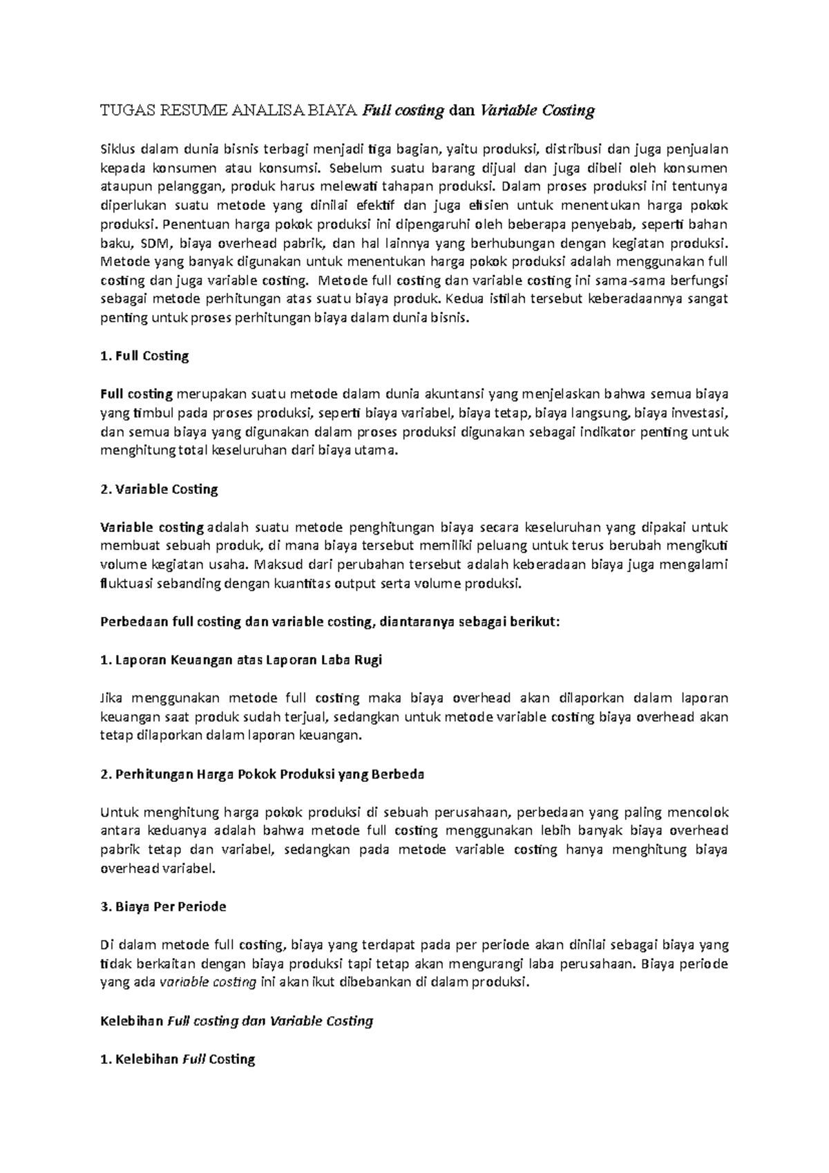 Tugas Resume Perbedaan Full Costing Dan Variable Costing Tugas Resume