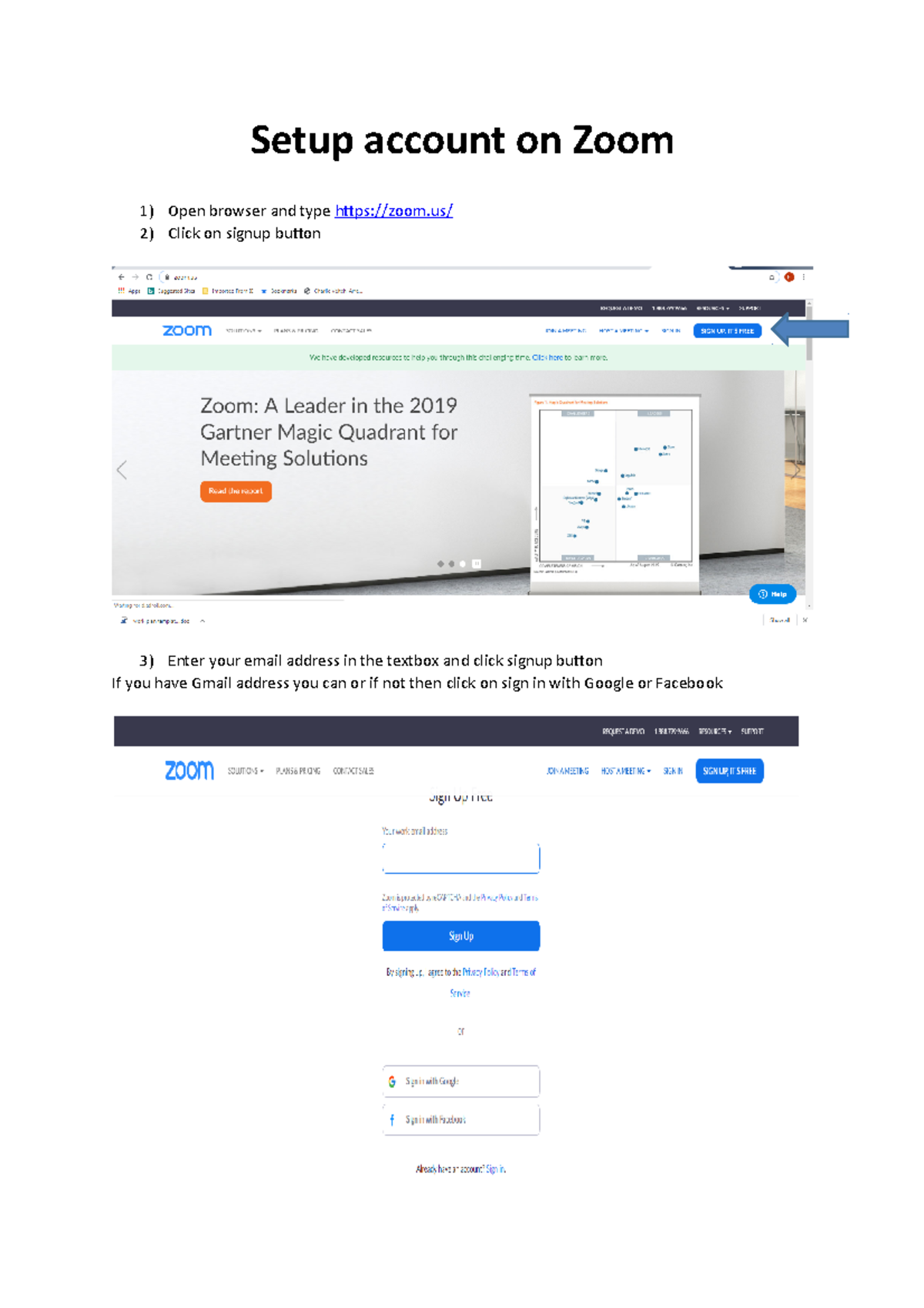 ZOOM Setup account on Zoom 1) Open browser and type zoom/ 2) Click on