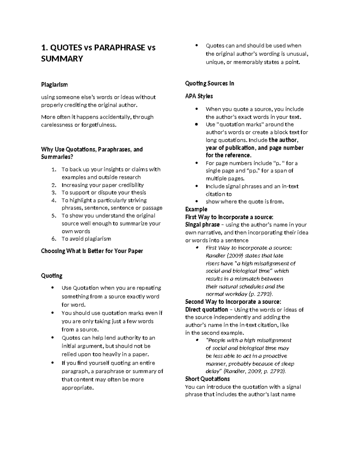 Notes PC - N/A - 1. QUOTES vs PARAPHRASE vs SUMMARY Plagiarism using ...