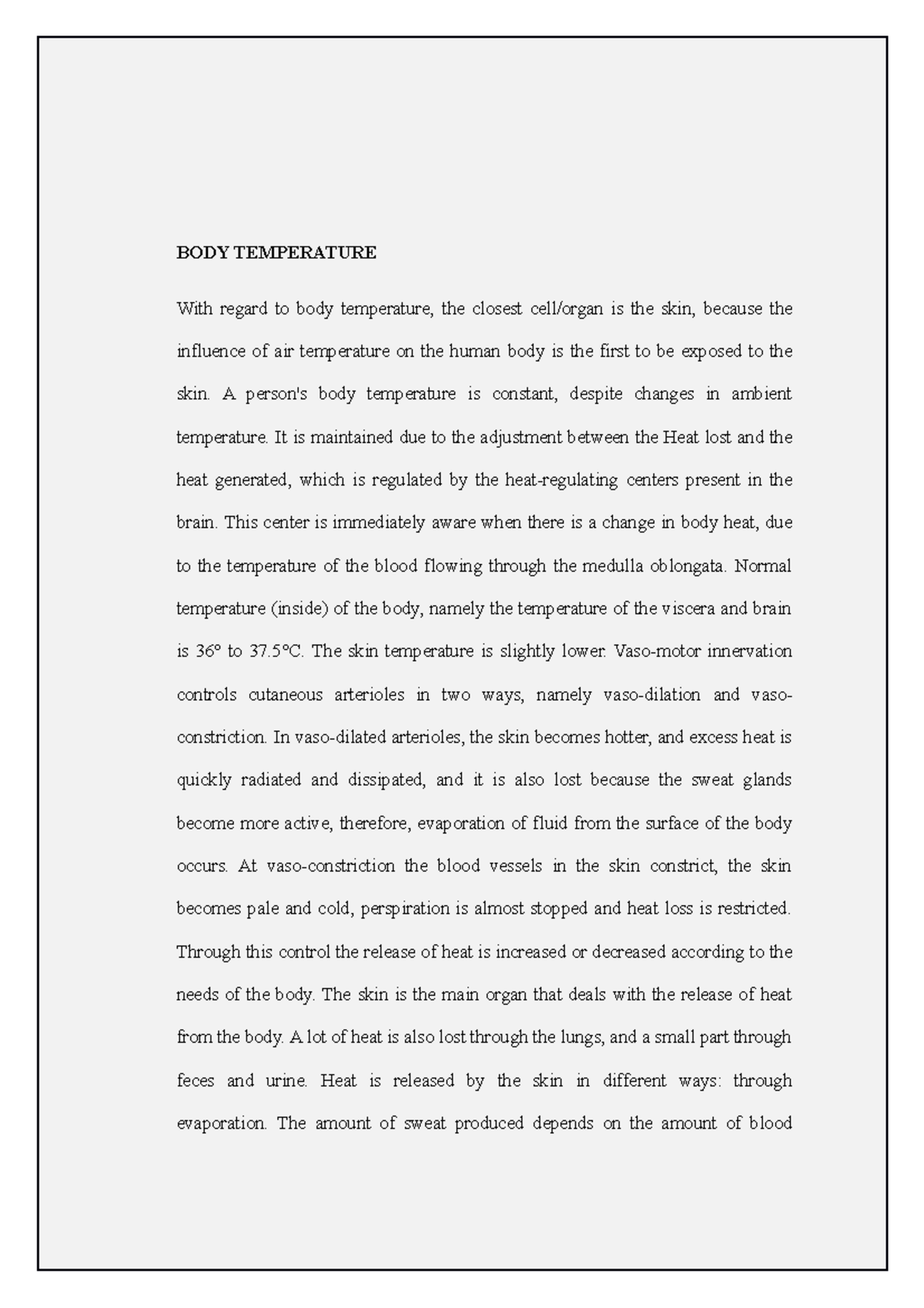 Documents Notes Biology - BODY Temperature - BODY TEMPERATURE With ...