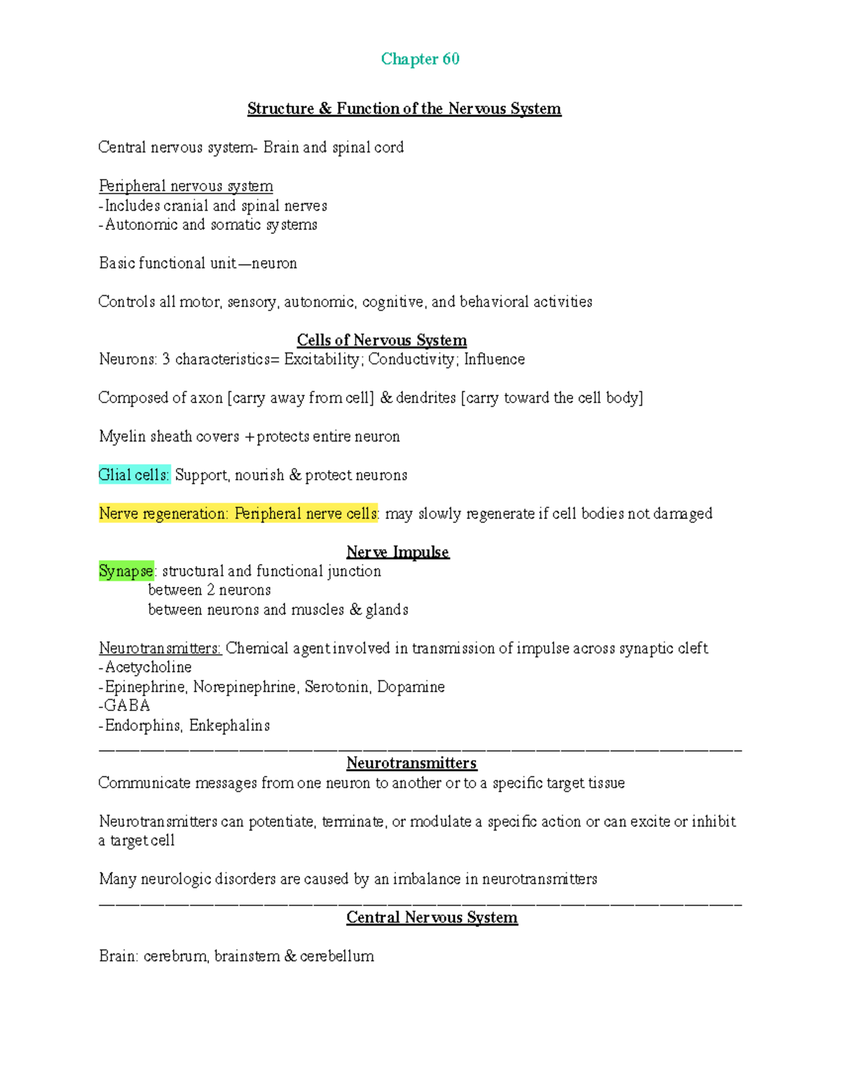 Exam 5 notes - Chapter 60 Structure & Function of the Nervous System ...