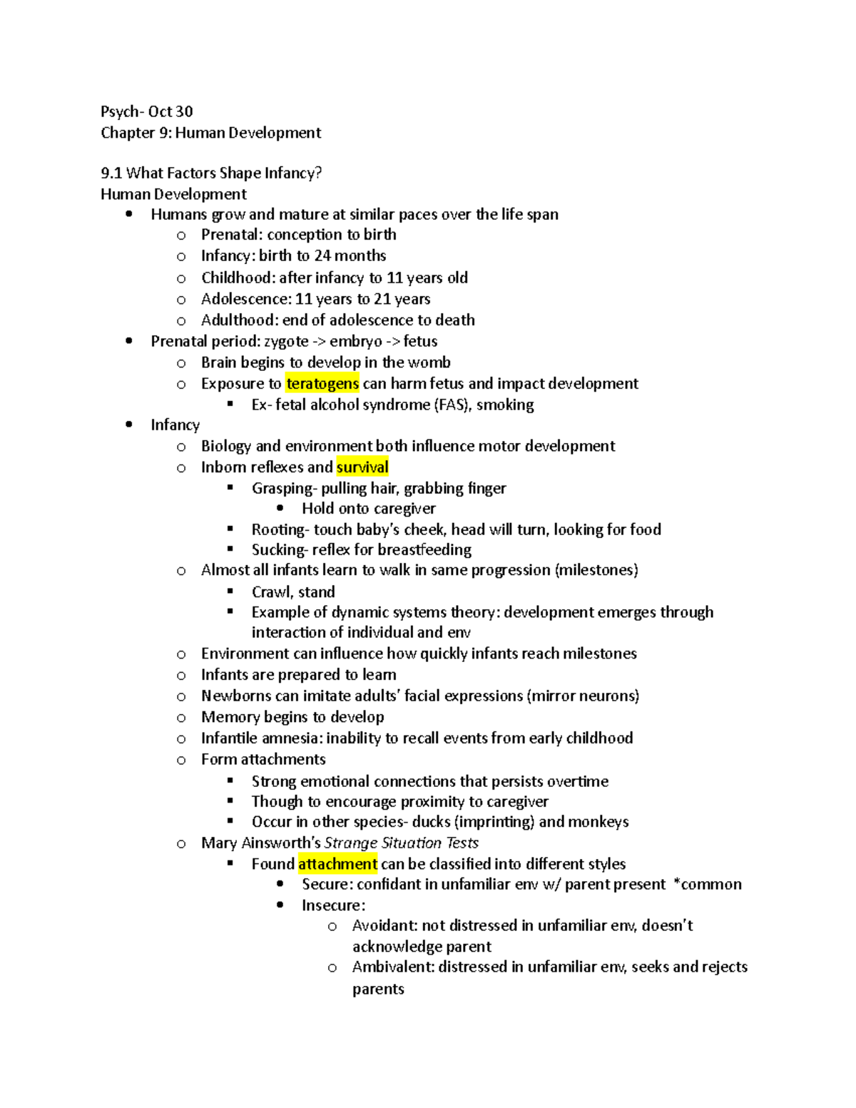 Psych- Chapter 9 - Lecture Notes 9 - Psych- Oct 30 Chapter 9: Human ...