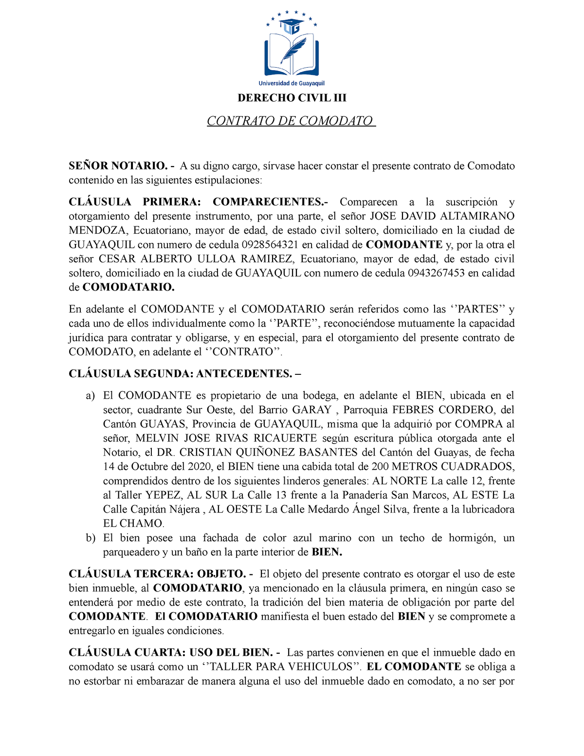 Contrato De Comodato Derecho Civil Iii Contrato De Comodato SeÑor Notario A Su Digno Cargo 8524