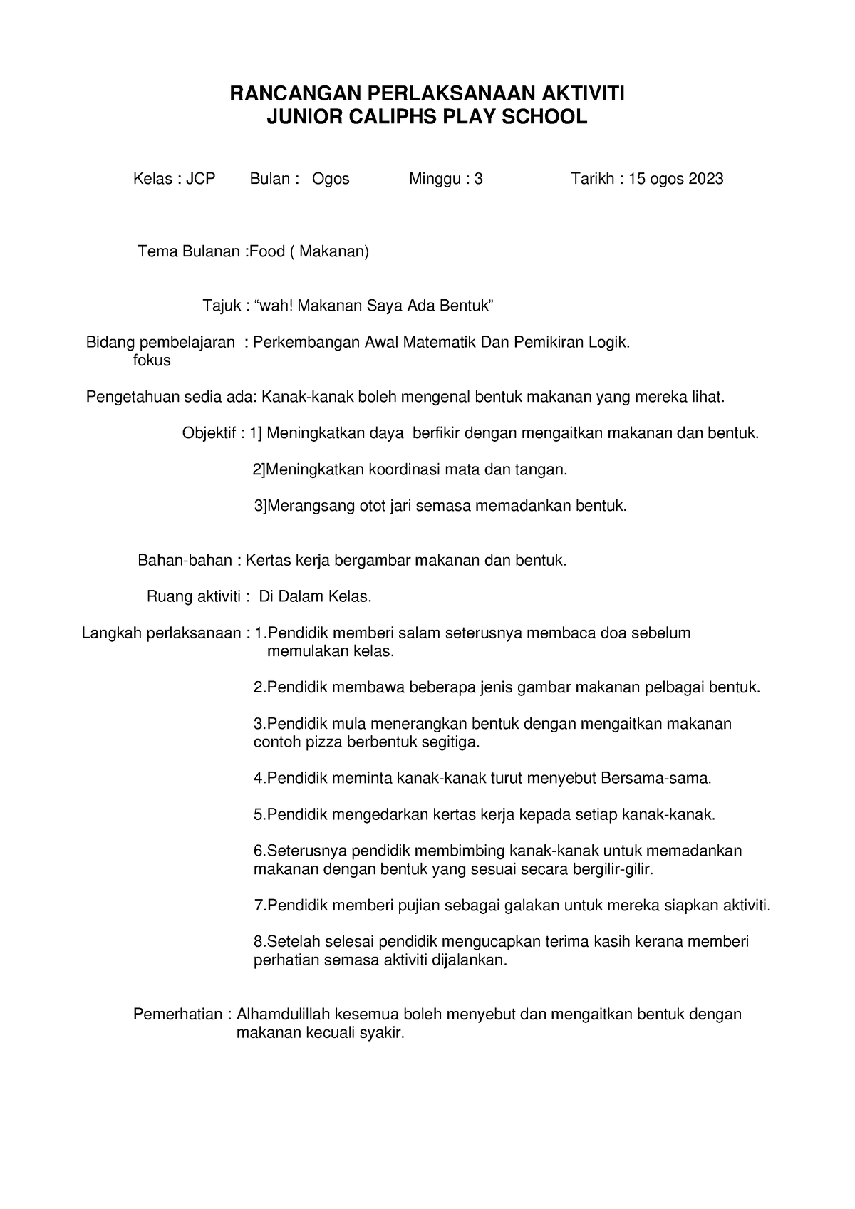 Makanan 15,16Ogos2023 - RANCANGAN PERLAKSANAAN AKTIVITI JUNIOR CALIPHS ...