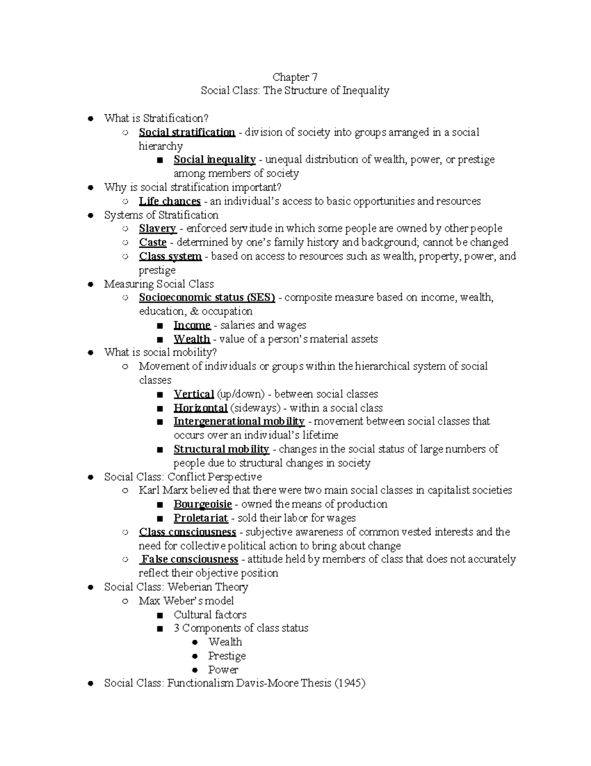 Sociology Ch. 7 Notes - Chapter 7 Social Class: The Structure of ...