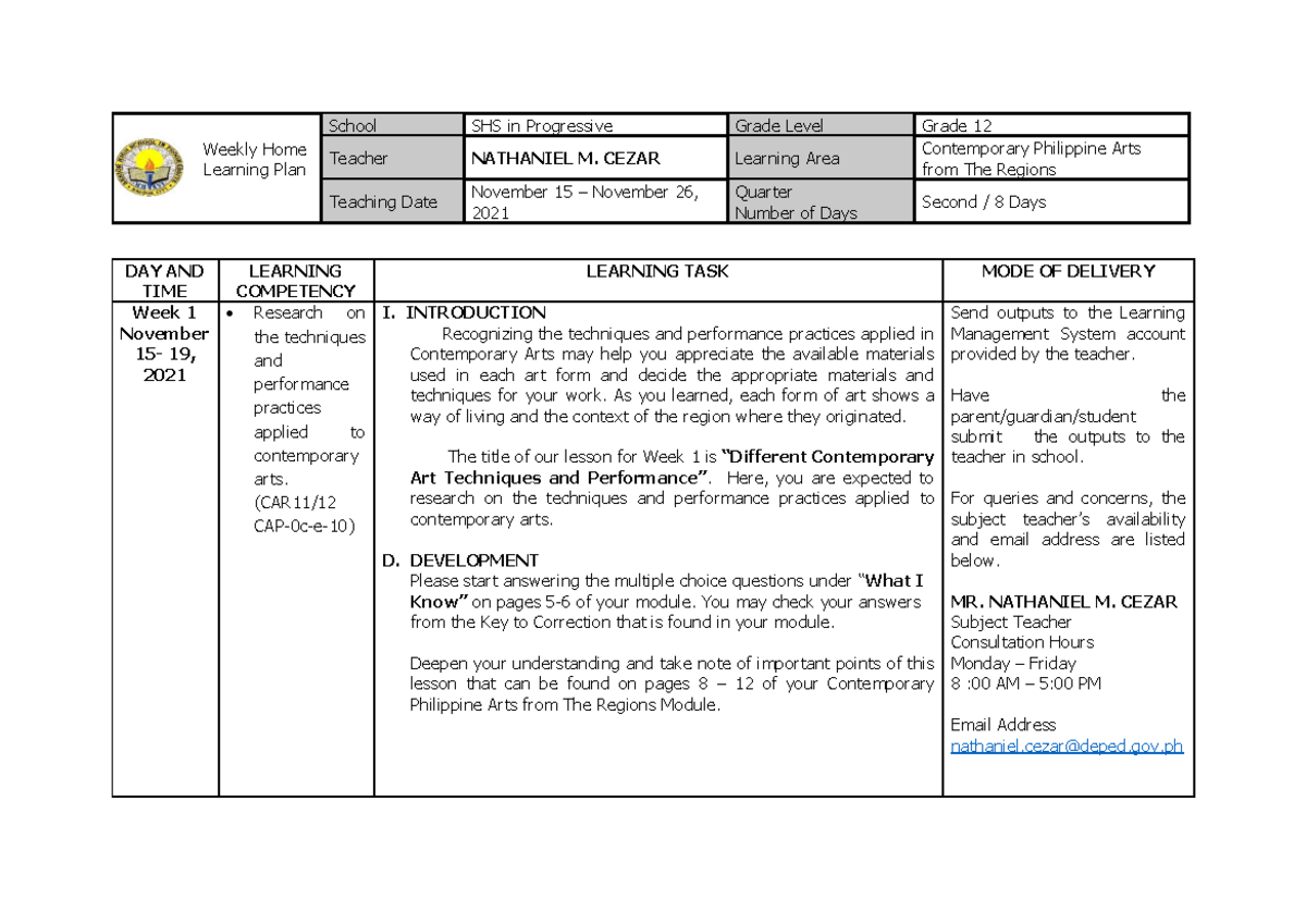 Q2 CORE CPAR 12 Weeks 1 2 - Contemporary Philippine Arts from the ...