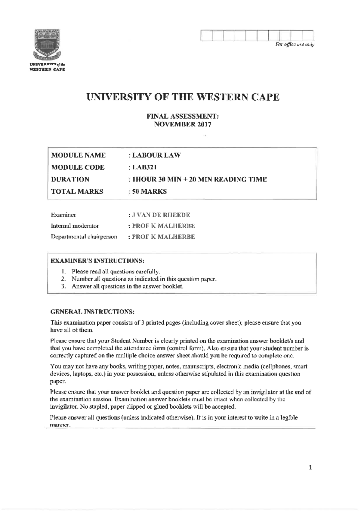 LAB321 2017 11 F - Previous exam paper to practice and prepare for LAB ...