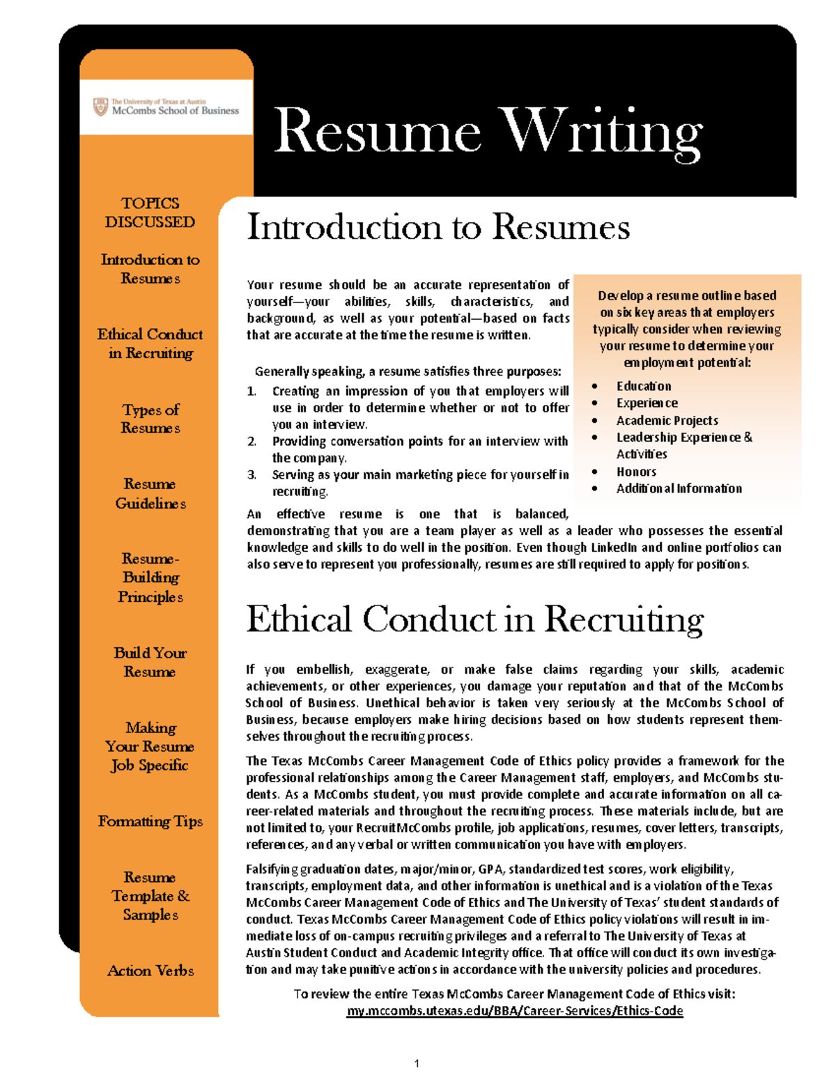 Mc Combs Guide Resume Writing Your resume should be an accurate