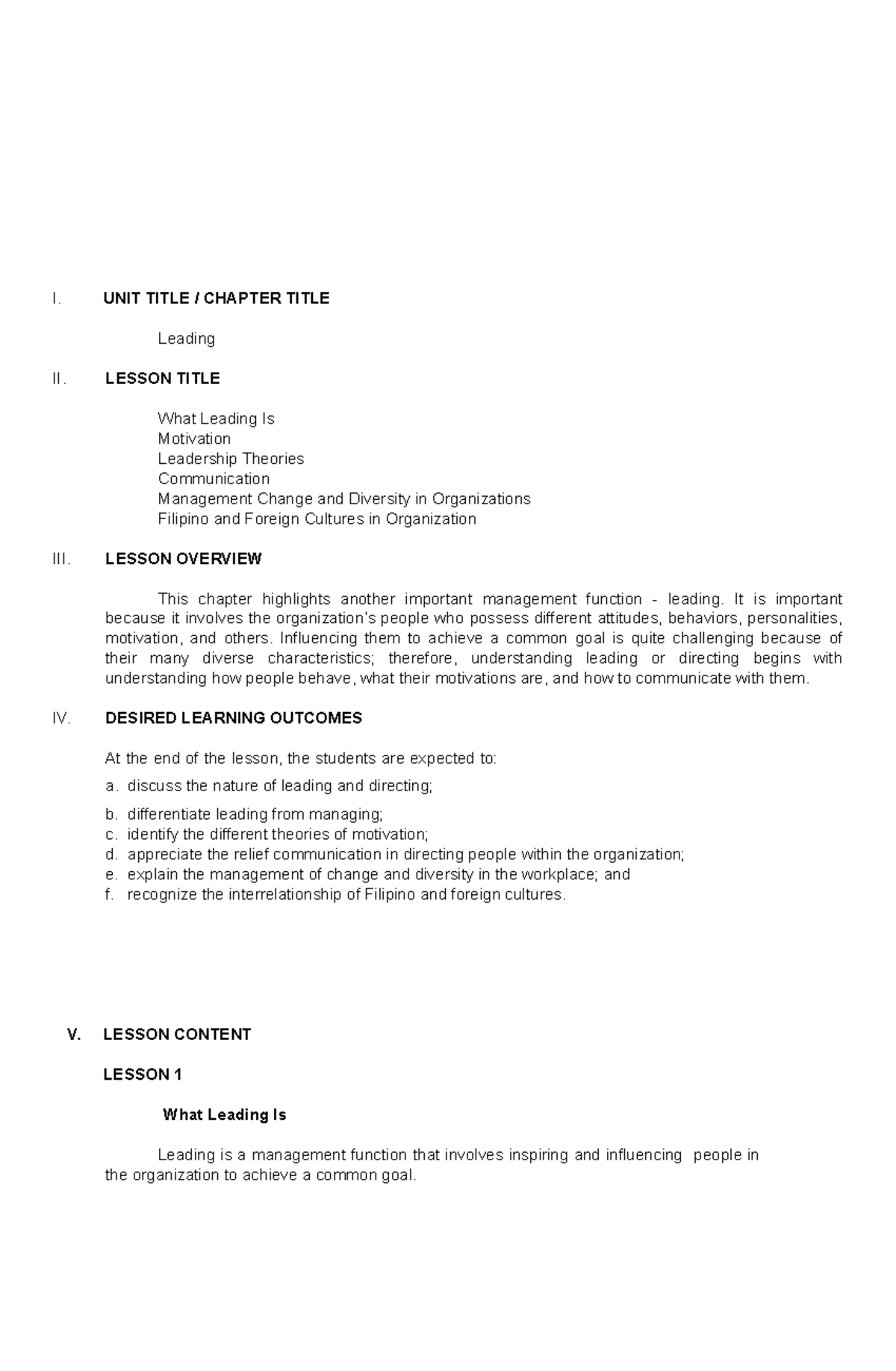 Org Management Module 2 - I. UNIT TITLE / CHAPTER TITLE Leading II ...