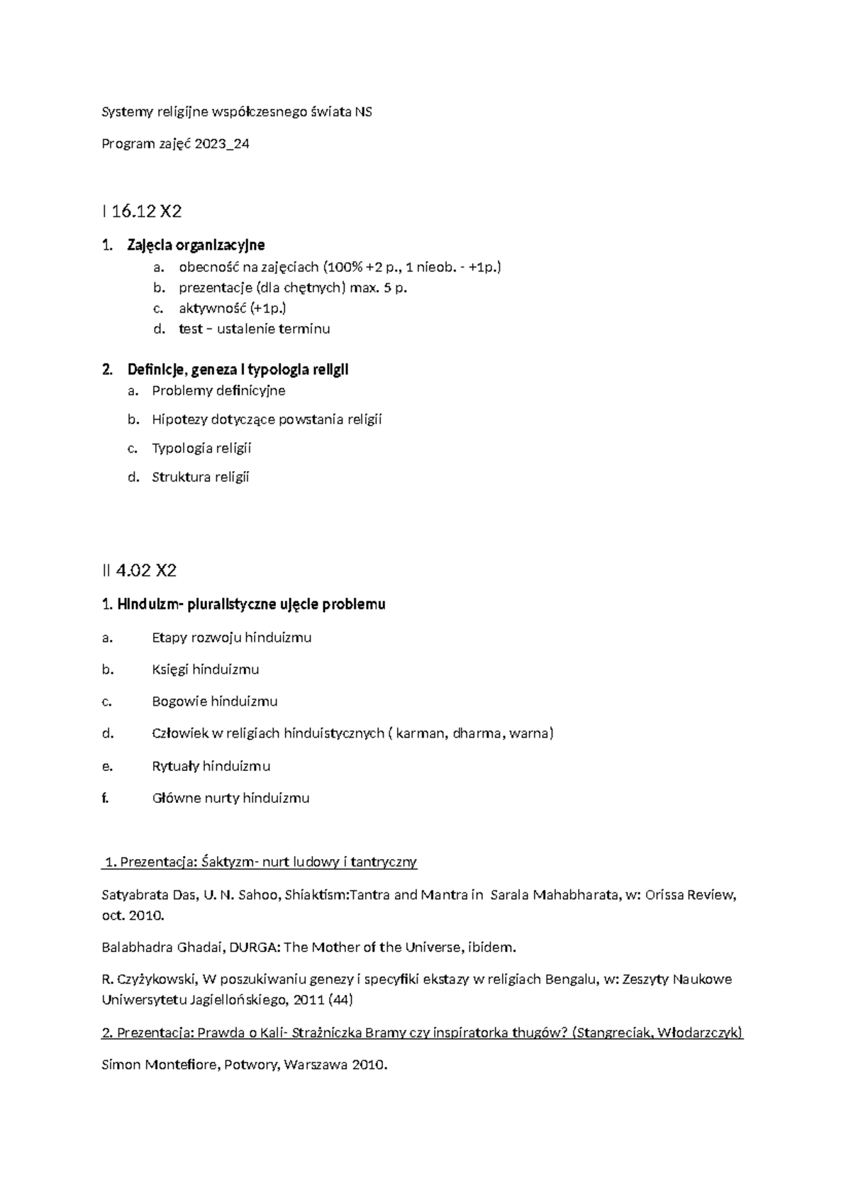 Systemy religijne współczesnego świata NS - Systemy religijne
