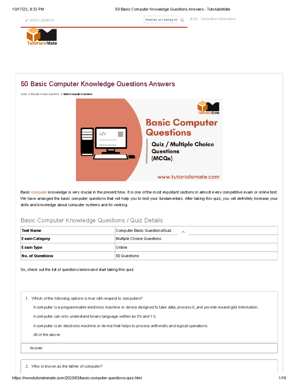 50 basic computer knowledge questions answers tutorials mate home