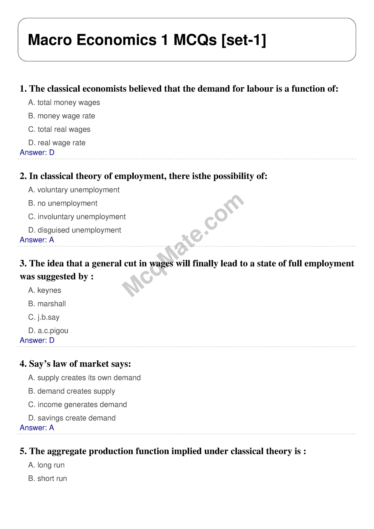 Macro Economics 1 Solved MCQs [set-1] Mcq Mate.com - McqMate Macro ...