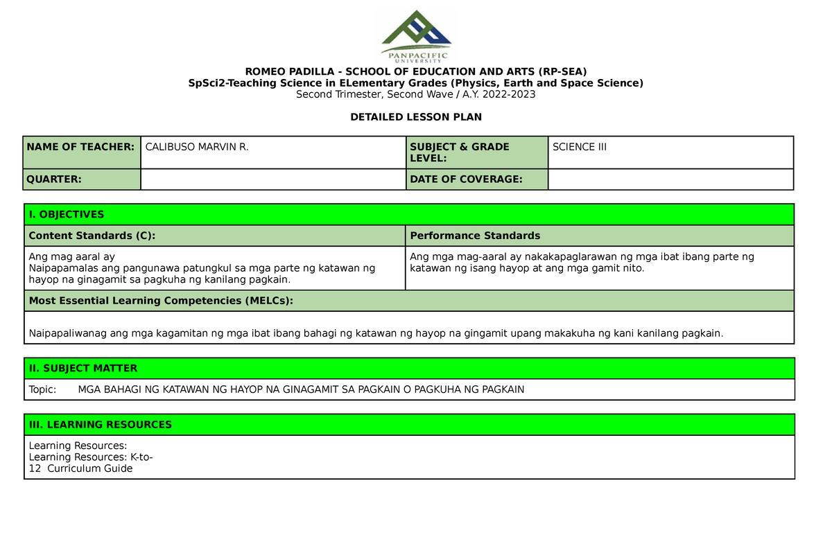 Lesson Plan Template Science (1) - bsed in filipino - Studocu