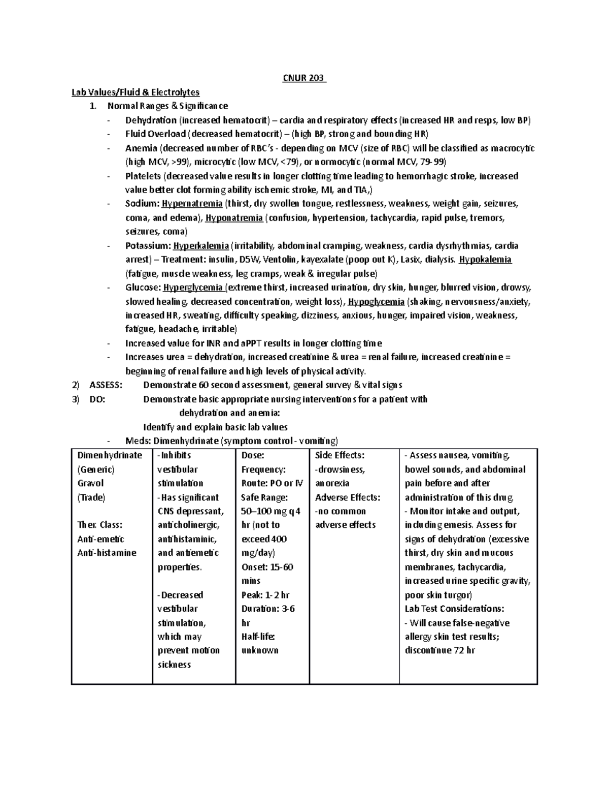 203 - OSCE Review - CNUR 203 Lab Values/Fluid & Electrolytes 1. Normal ...