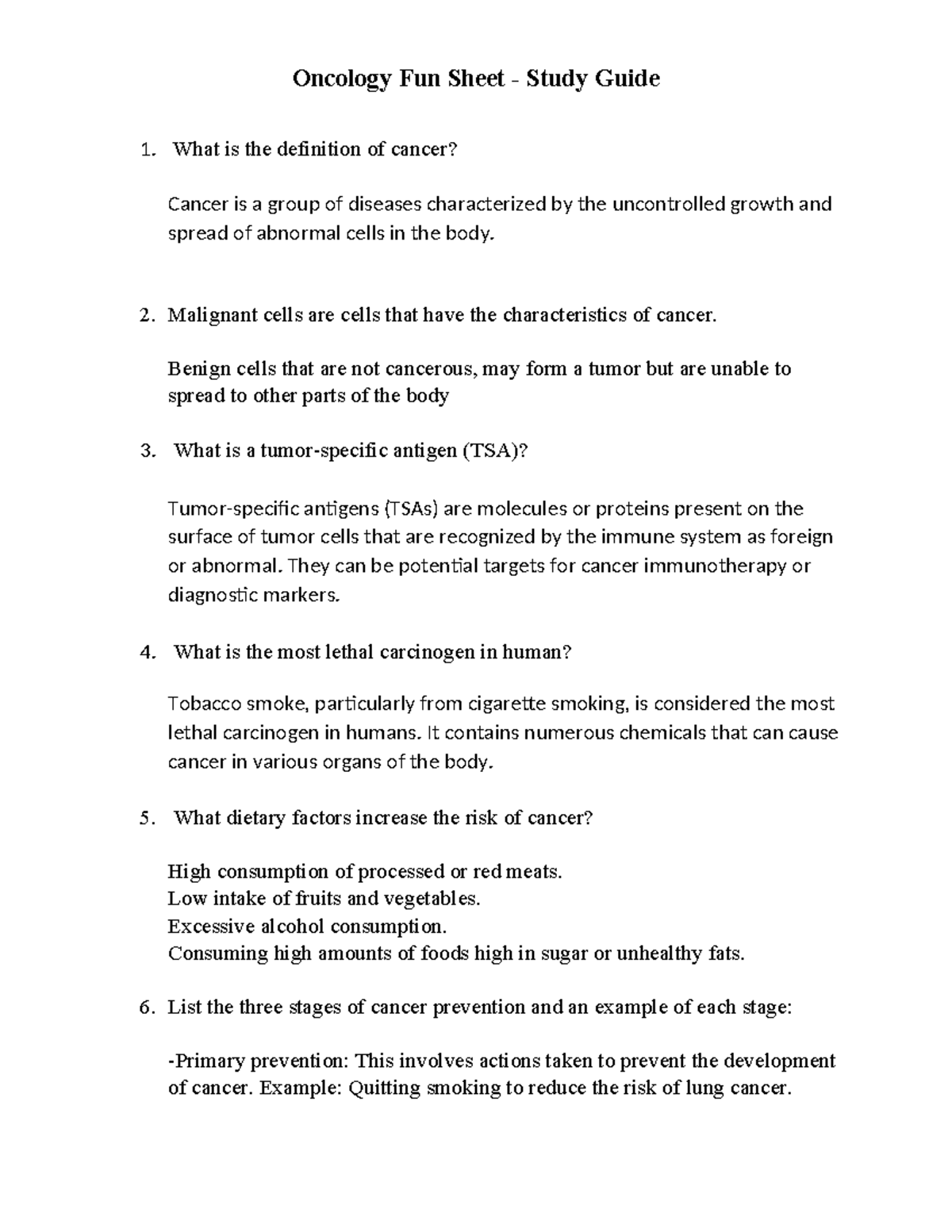 Oncology FUN Sheet Student - Oncology Fun Sheet - Study Guide What is ...