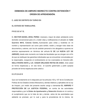 Demanda DE Amparo Indirecto Contra Detención Y Orden DE Aprehensión -  DEMANDA DE AMPARO INDIRECTO - Studocu