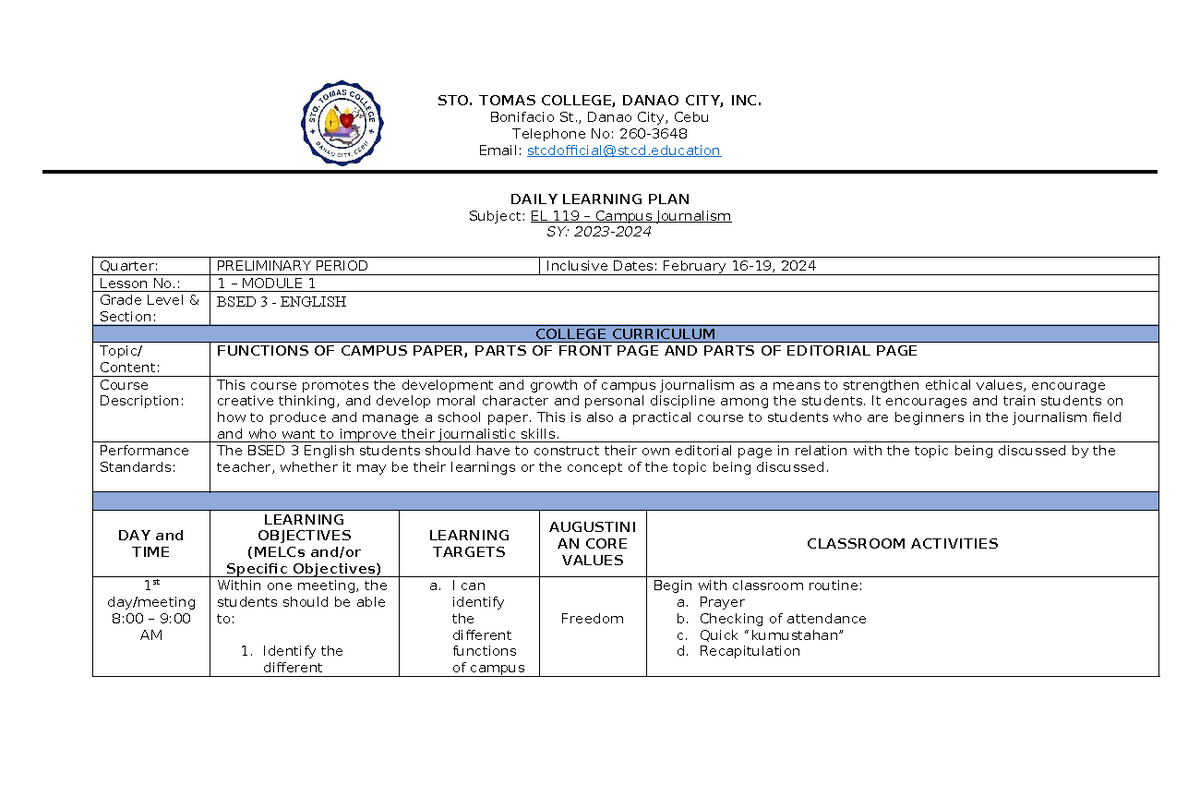 EL 119 Lesson Plan - STO. TOMAS COLLEGE, DANAO CITY, INC. Bonifacio St ...