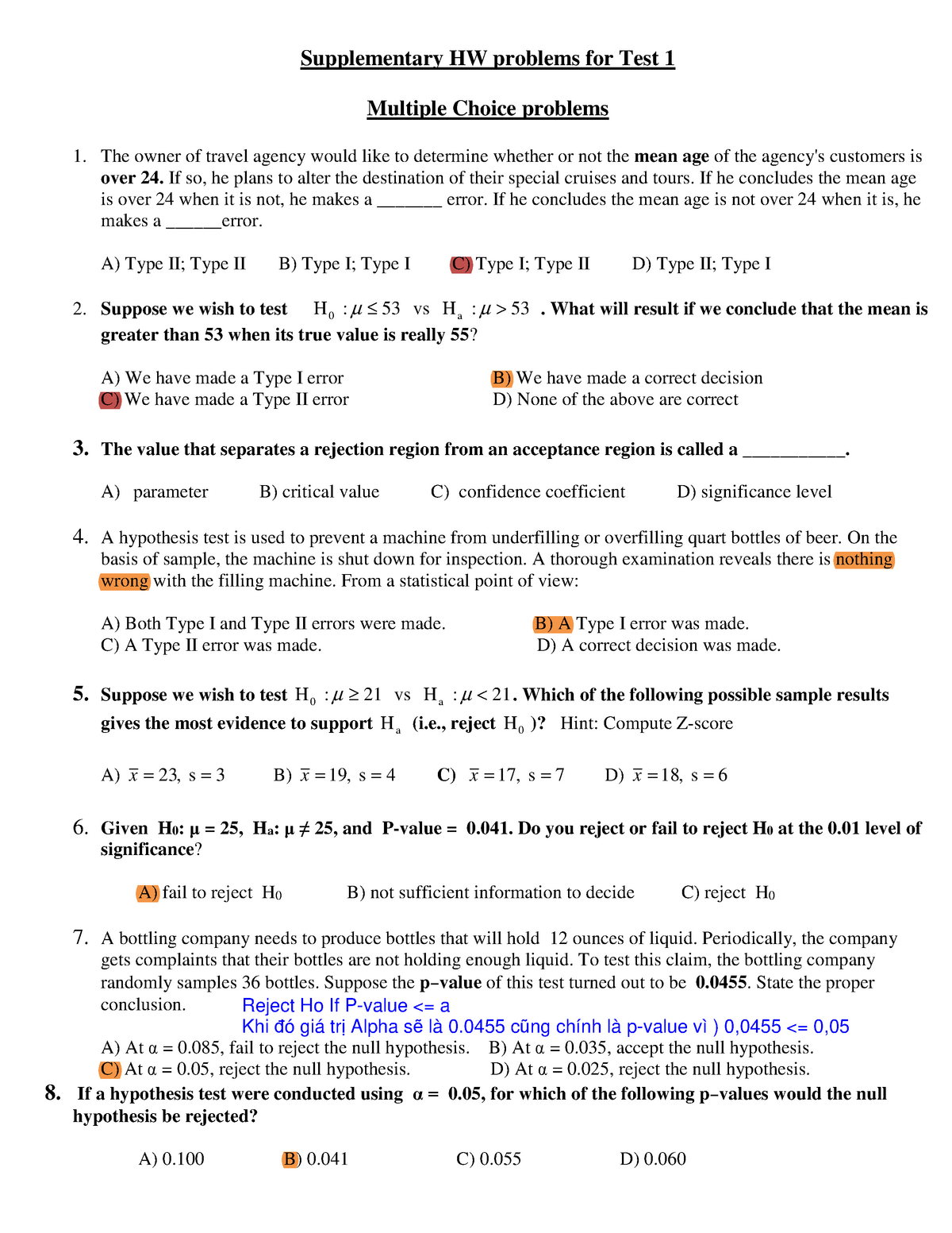 hypothesis testing multiple choice questions with answers