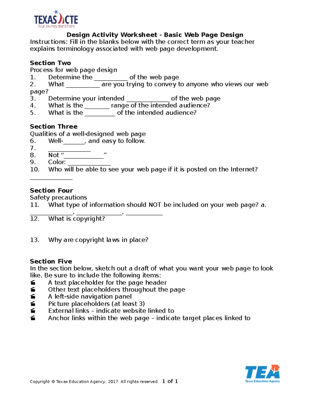 Design Activity Worksheet - Basic Web Page Design - Design Activity ...