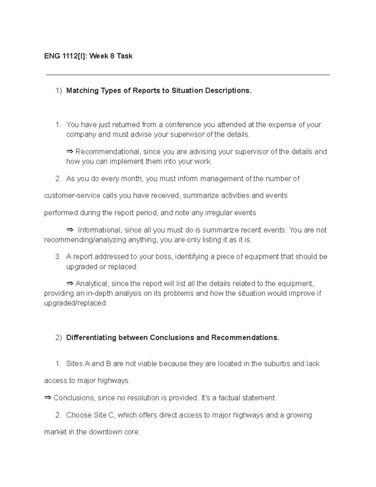 Task for Week 8 - ENG 1112[I]: Week 8 Task Matching Types of Reports to ...