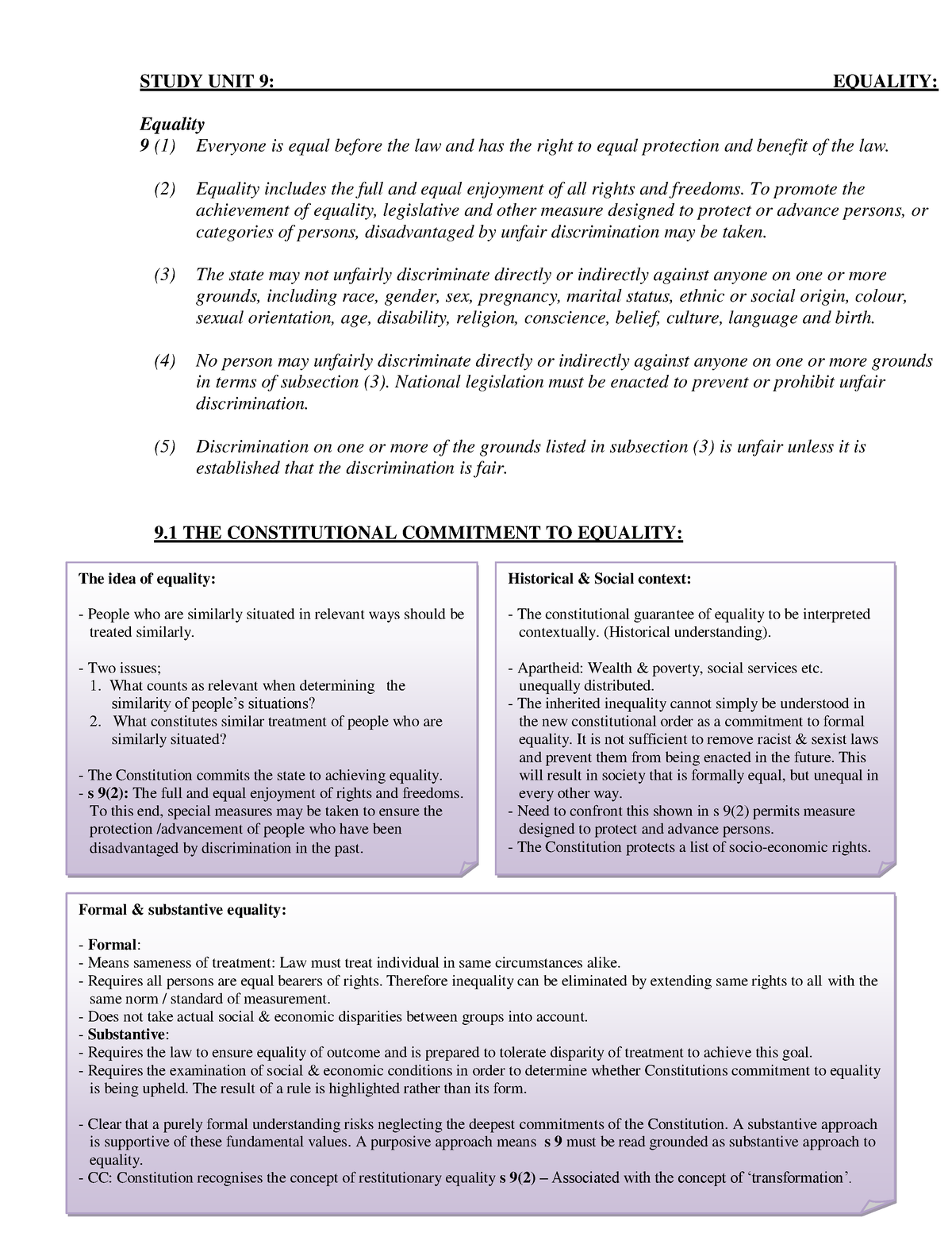 FUR2601 9 Equality 1 - Summary - STUDY UNIT 9 : EQUALITY: Equality 9 (1 ...