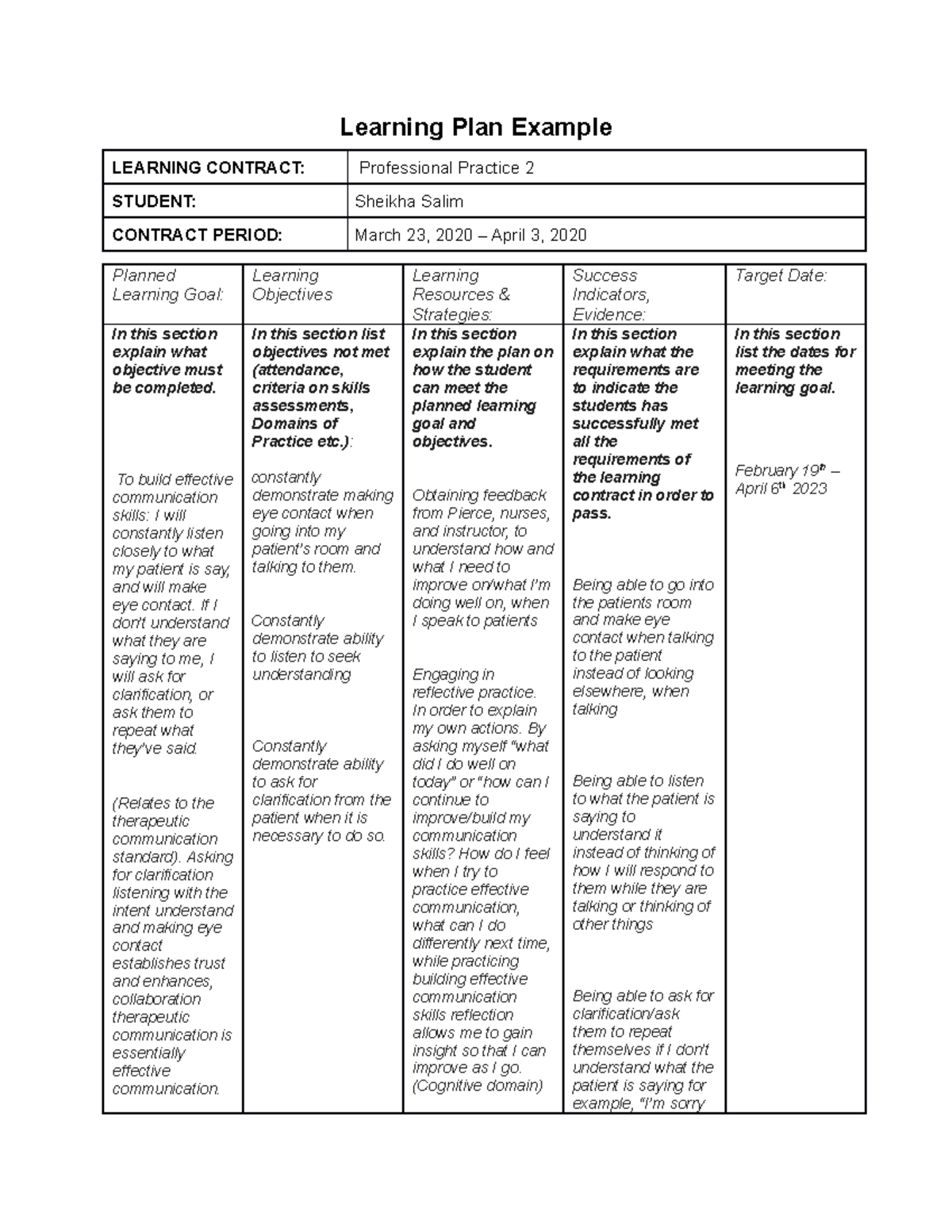 Learning Plan Example copy - Learning Plan Example LEARNING CONTRACT ...