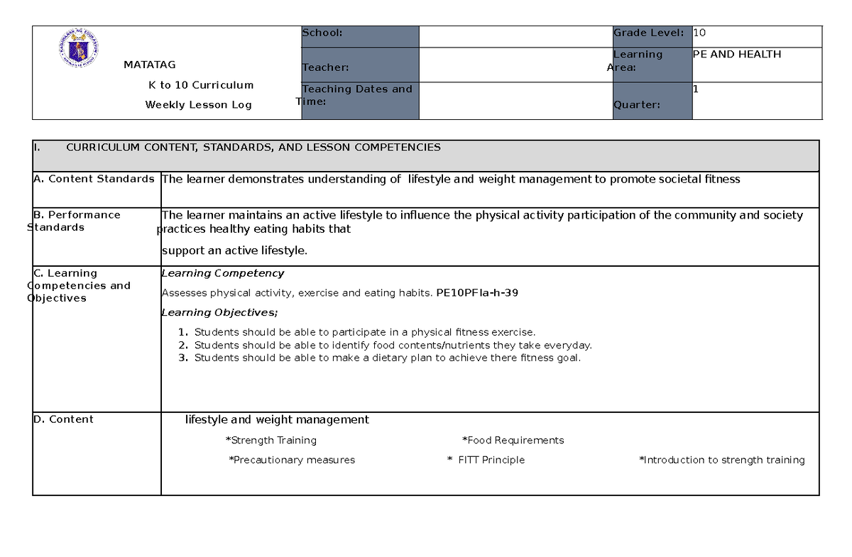LP WEEK 3 PE AND Health Matatag - MATATAG K to 10 Curriculum Weekly ...
