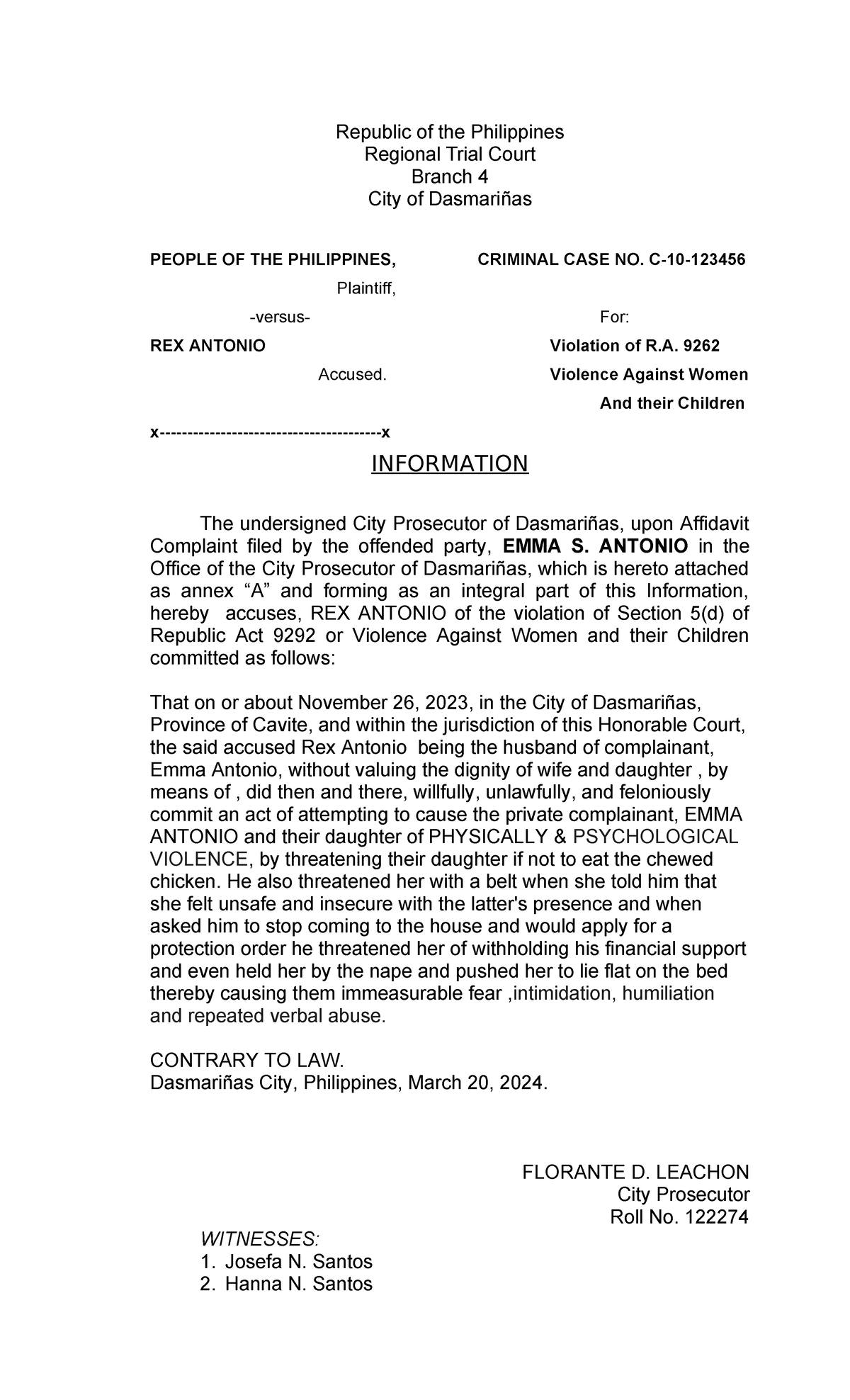 VAWC-Information - CRIM LAW - Republic of the Philippines Regional ...