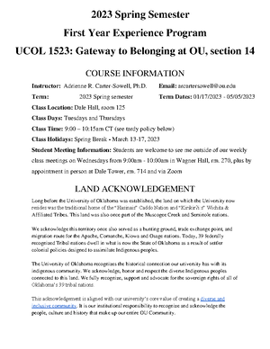 UCOL 1523 -14 Course Syllabus for S23 semester - 2023 Spring Semester First  Year Experience Program - Studocu