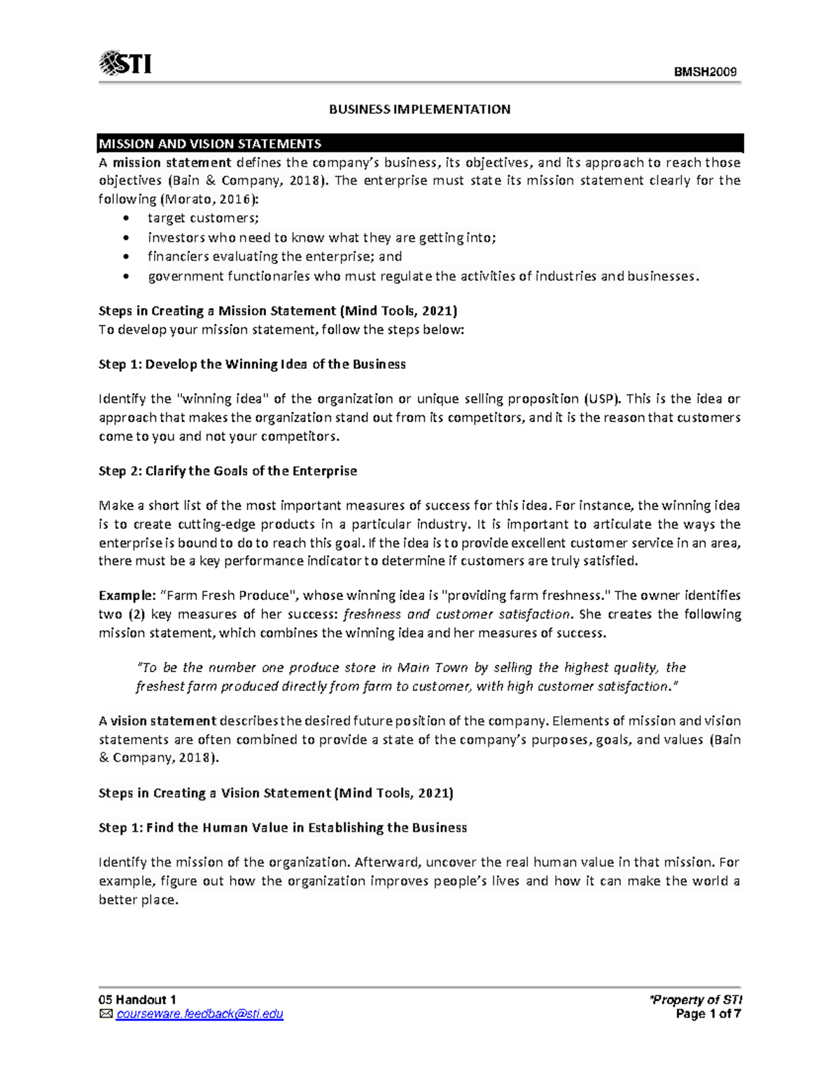 Business Implementation 05 Handout 1 *Property of STI BUSINESS