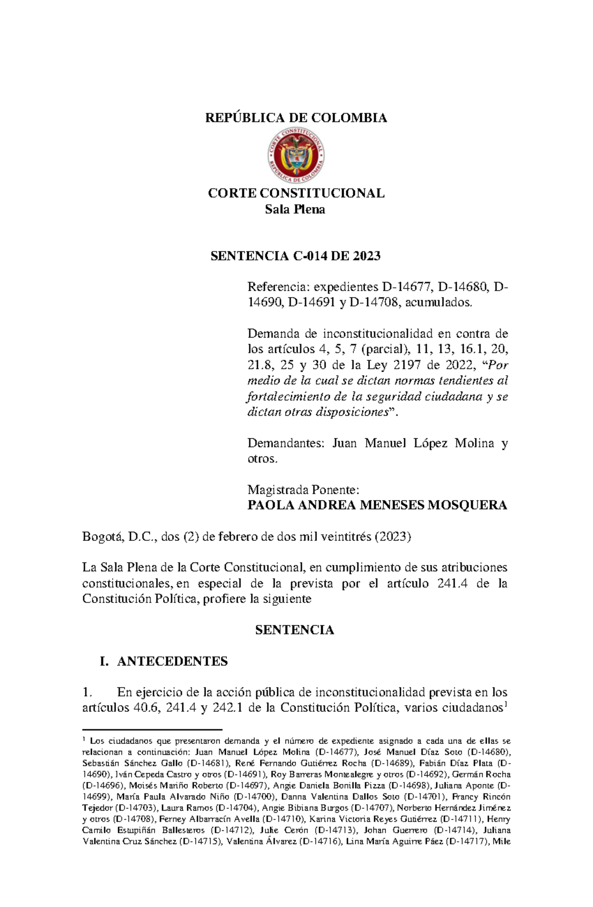 C-014-23 - 876 - REPÚBLICA DE COLOMBIA CORTE CONSTITUCIONAL Sala Plena