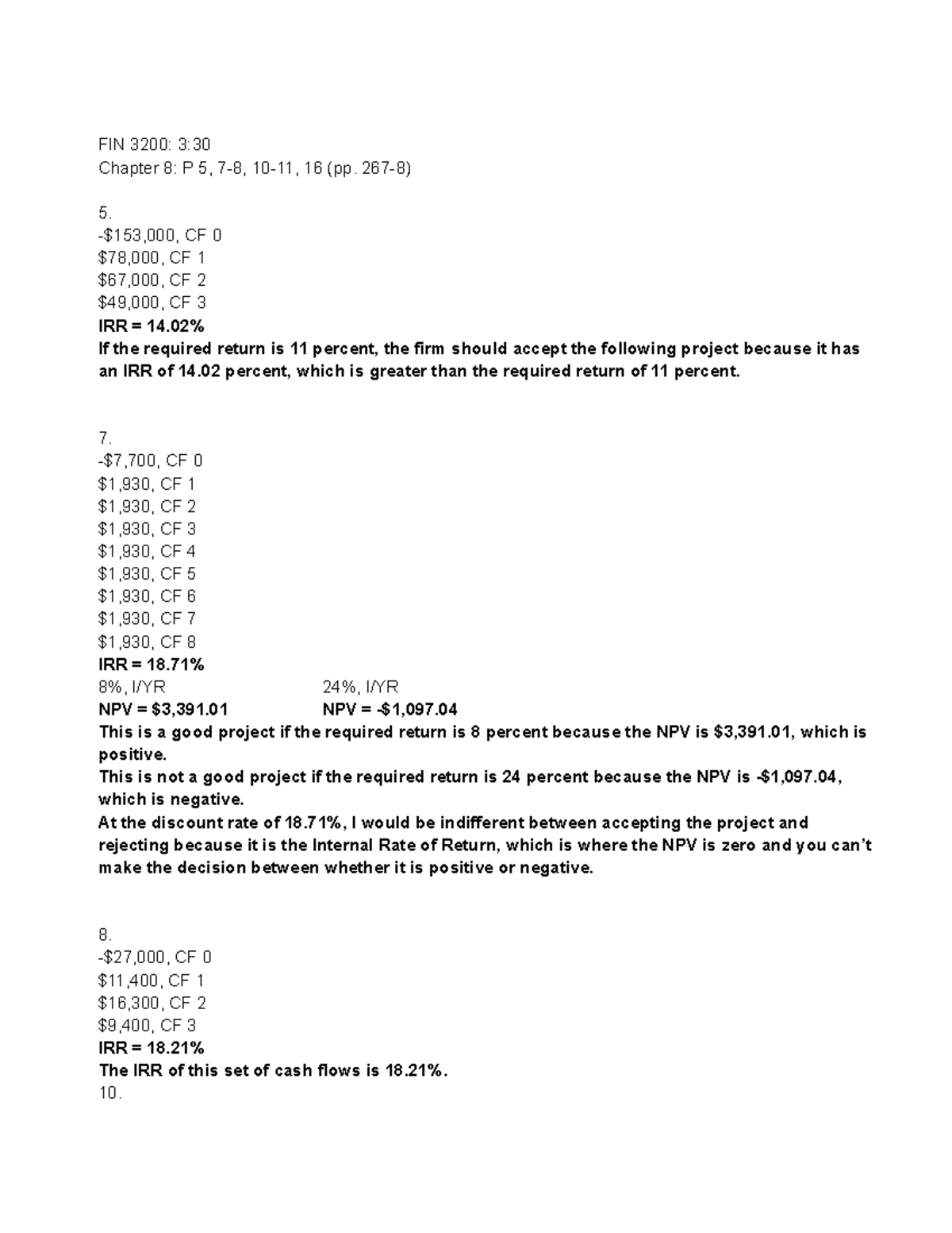 FIN 3200 - Assignment - Chapter 8 P 5 7-8 10-11 16 Pp. 267-8 - Business ...