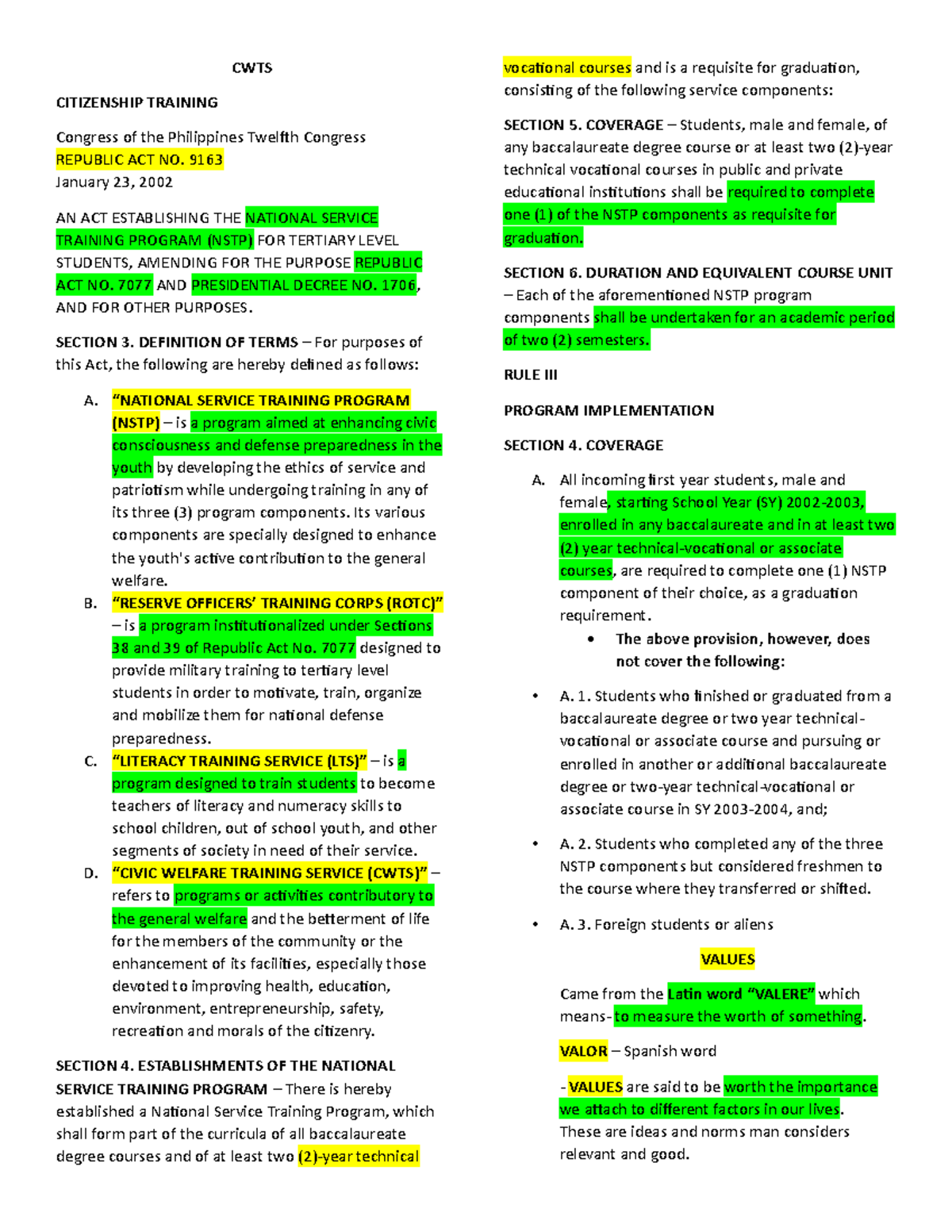 CWTS - A Summary Of The CWTS Chapter 1 Lecture - CWTS CITIZENSHIP ...