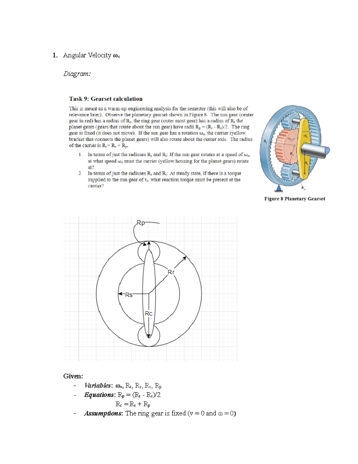 II Gearset Calculations 1. Angular Velocity ωc Diagram Given