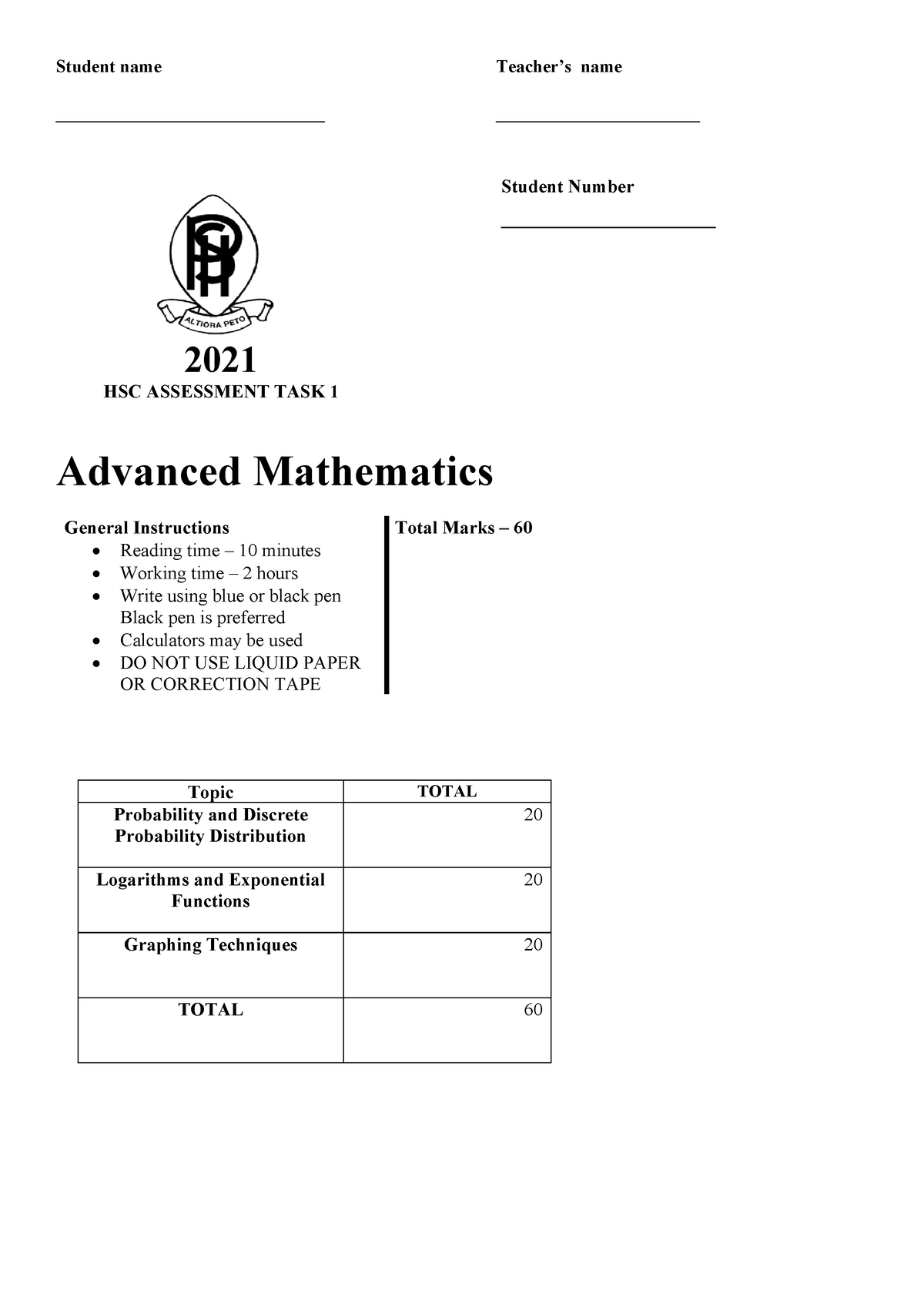 2021 (HSC '22) Yr 12 ADV T1 (Probability, Logs and Expo, Graphing ...