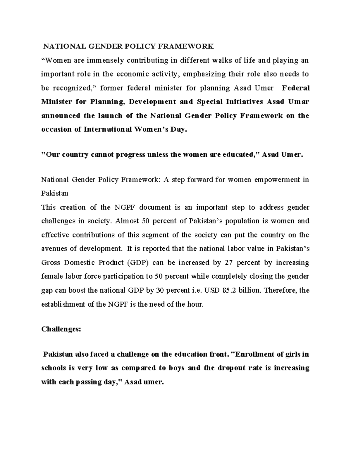 National Gender Policy Framework - 