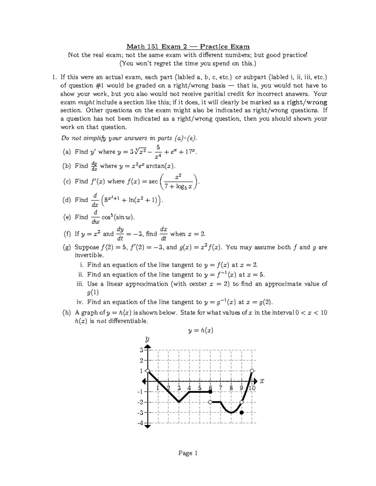 Math 151 Exam 2 Practice Exam - Math 151 Exam 2 — Practice Exam Not The ...