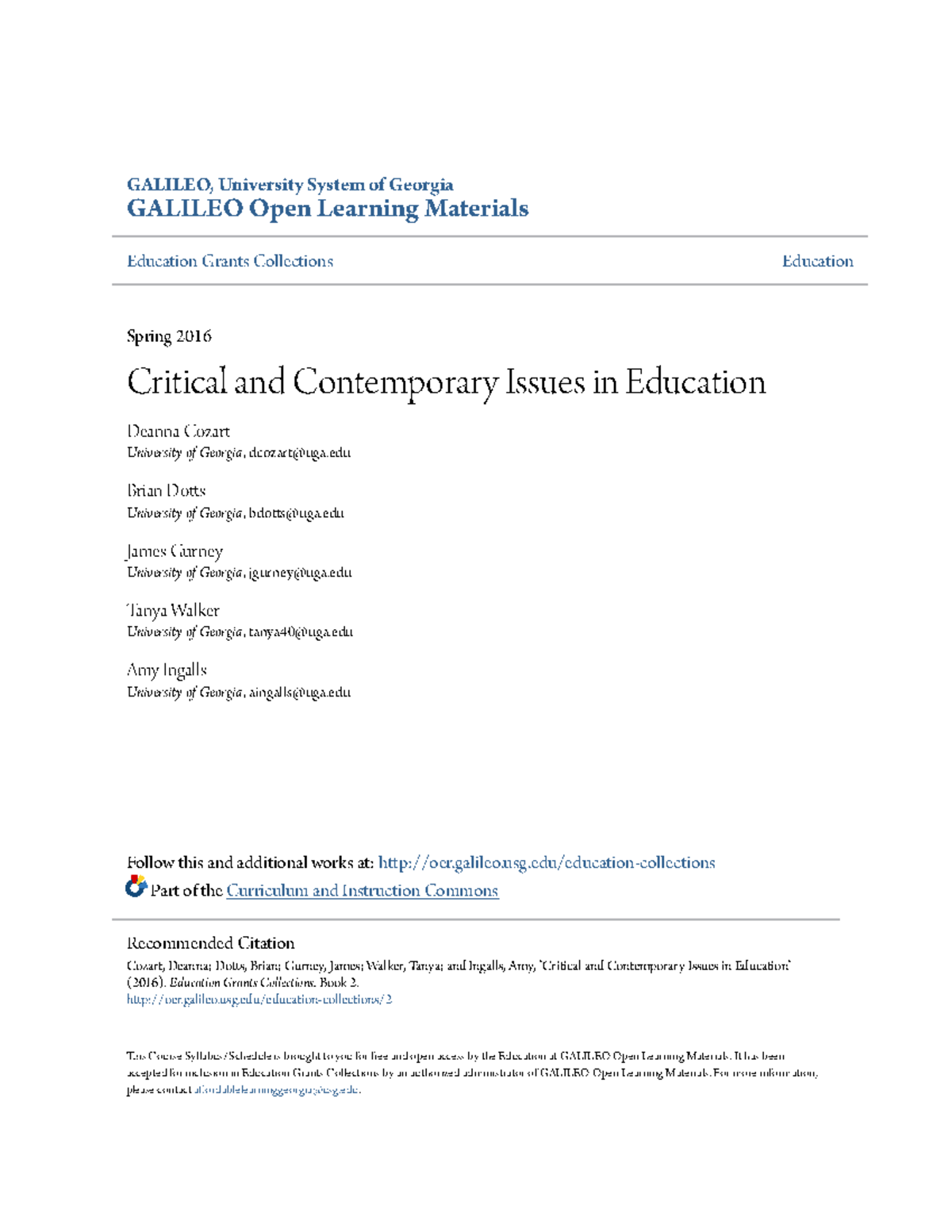 Critical and Contemporary Issues in Education - GALILEO, University ...
